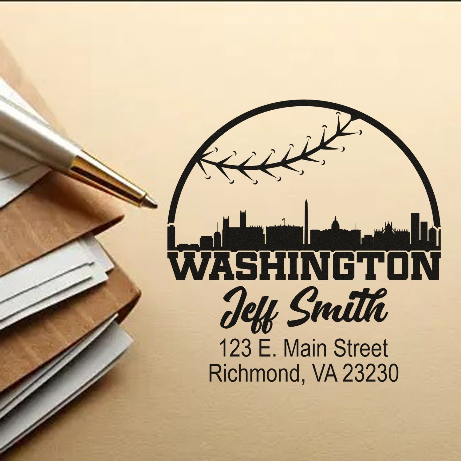 Personalized Washington return address rubber stamp with skyline, Jeff Smith, and Richmond, VA mailing address.