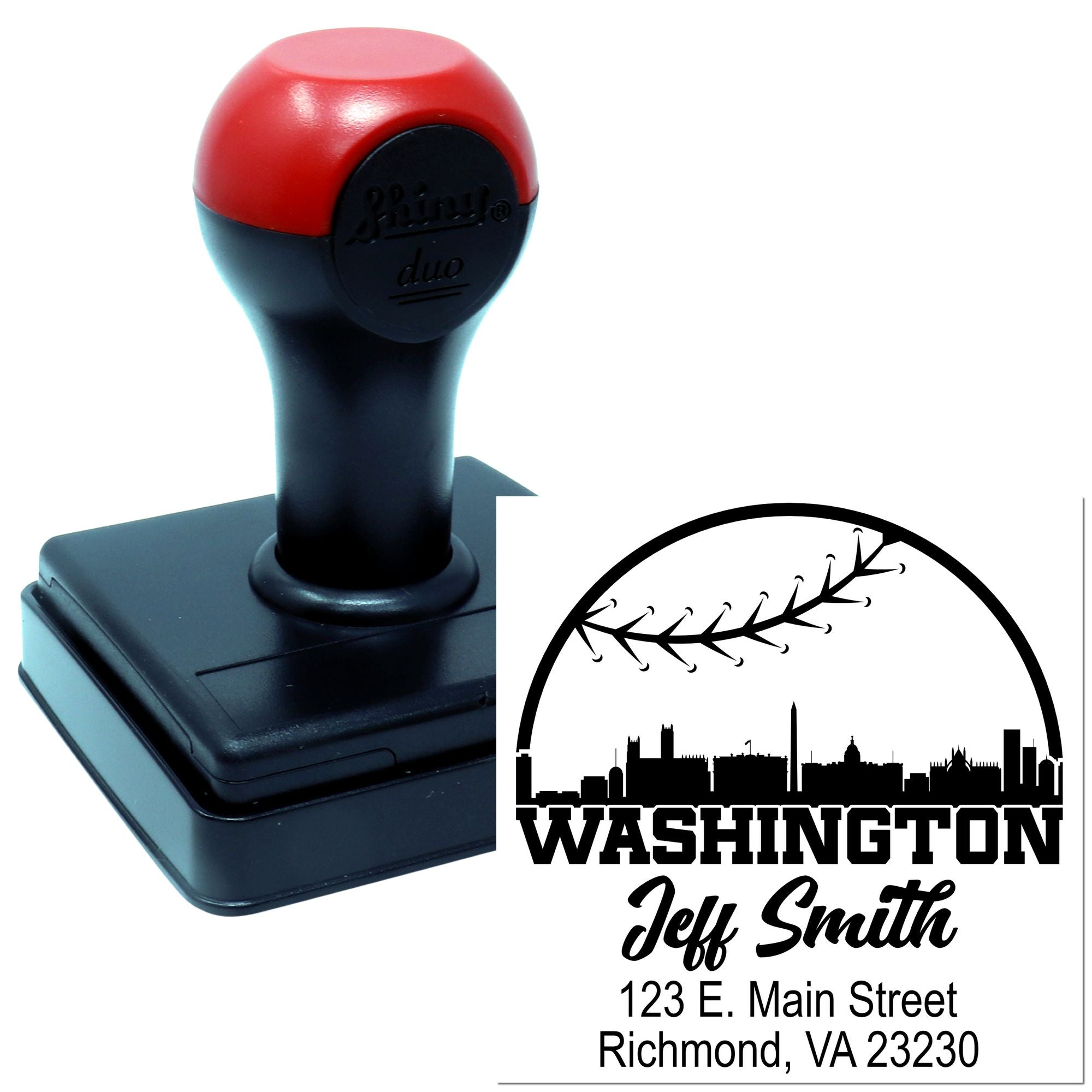 Personalized self-inking rubber address stamp with Washington skyline, Jeff Smith, and Richmond, VA 23230.
