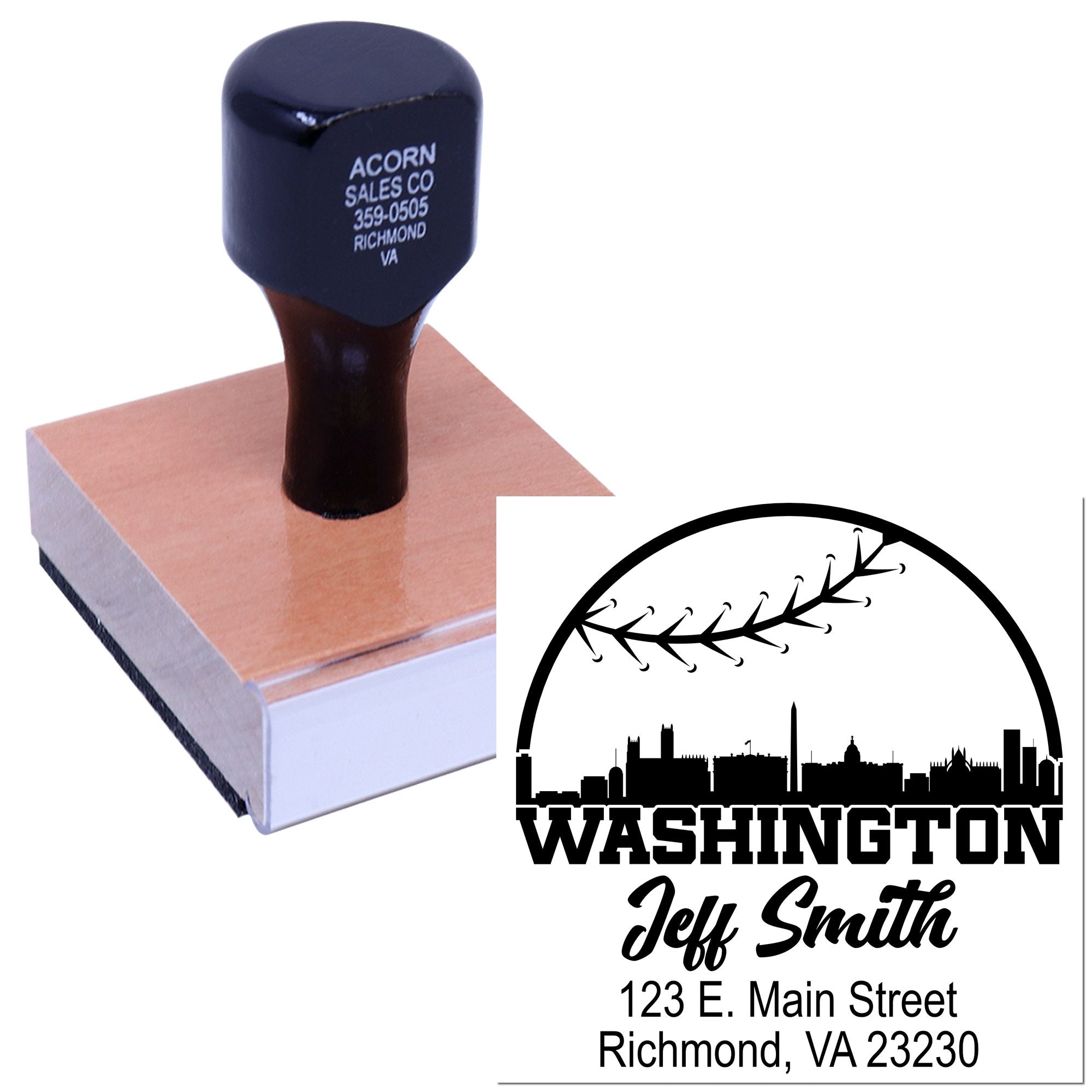 Custom rubber address stamp with Washington baseball design for Jeff Smith, Richmond VA 23230