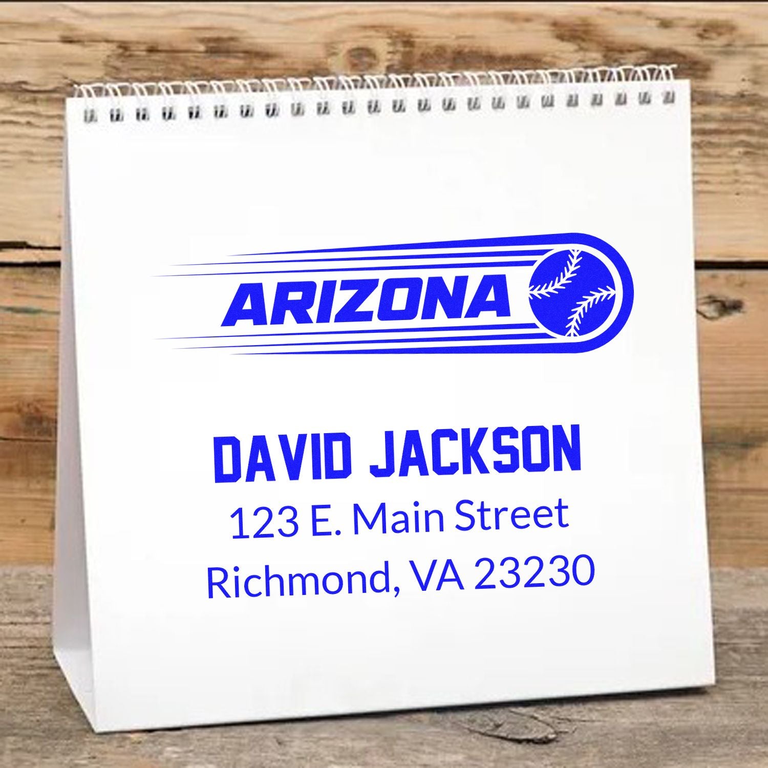 Custom Arizona baseball return address rubber stamp with David Jackson name and Richmond, VA address