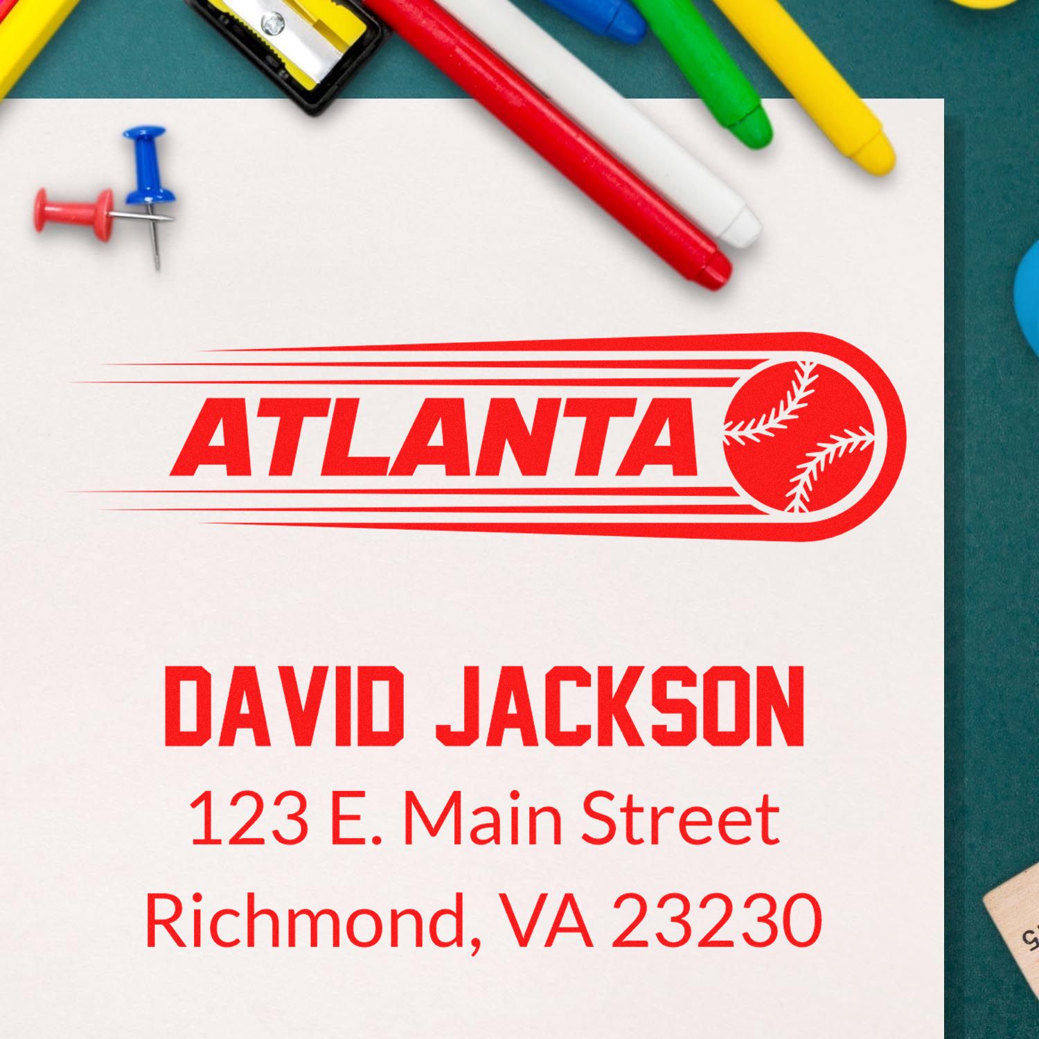 Custom Atlanta baseball rubber stamp with name, street address, and city for personalized mailing needs.