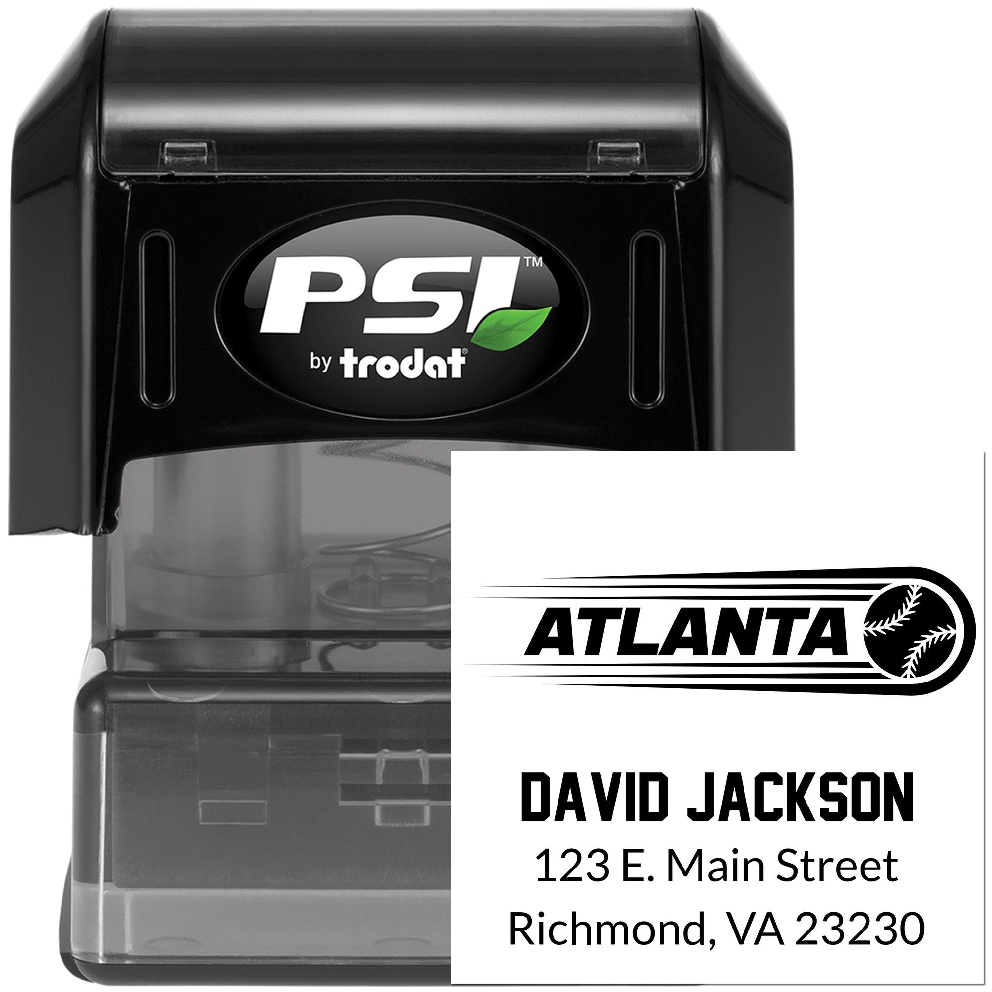 PSI by Trodat self-inking rubber stamp with custom Atlanta baseball return address imprint for David Jackson.