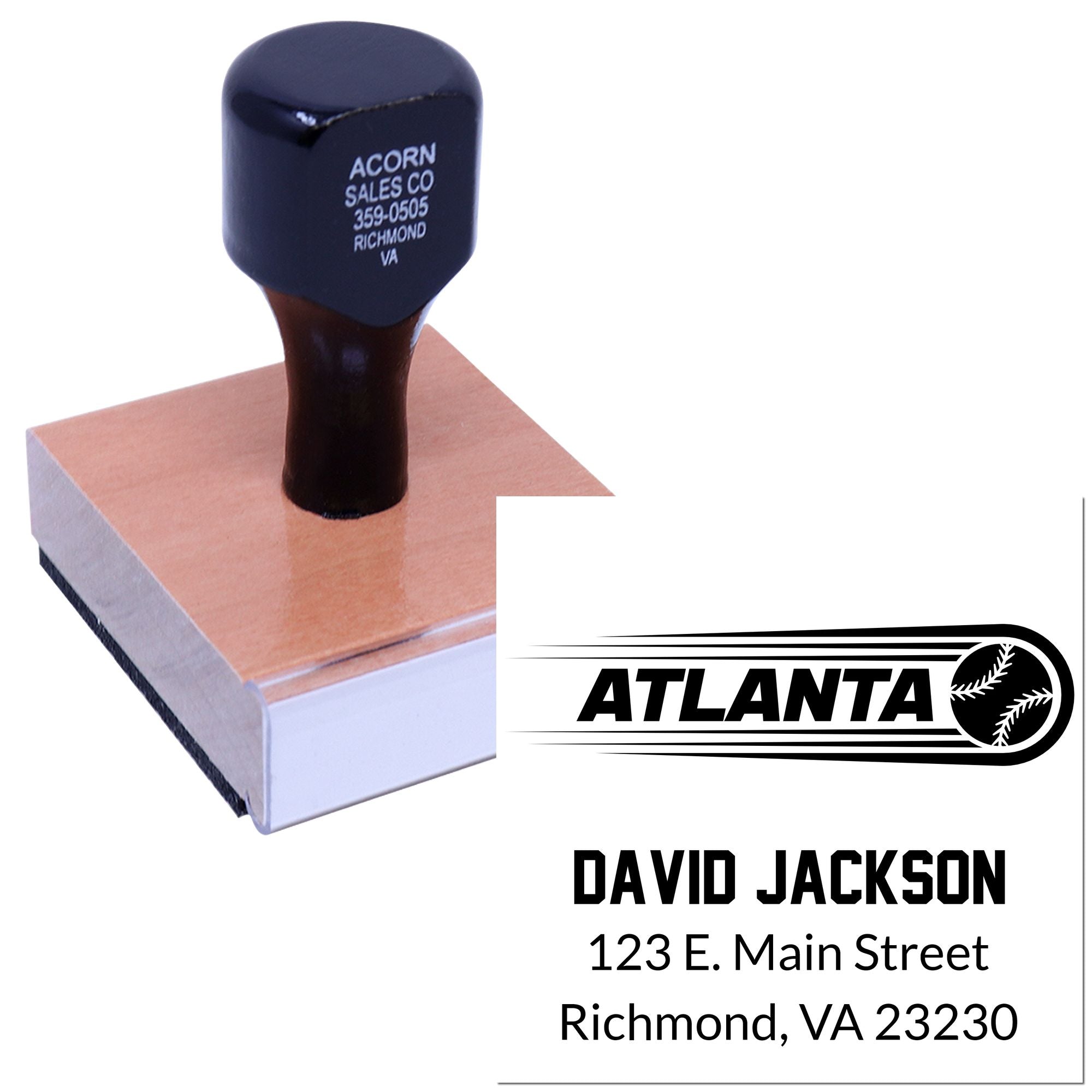 Custom address rubber stamp with Atlanta baseball logo and name imprint for personalized business branding.