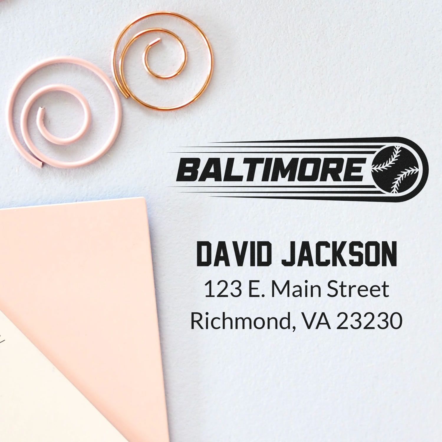Custom Baltimore baseball return address stamp for David Jackson, Richmond VA, with sporty logo for envelopes and mail.