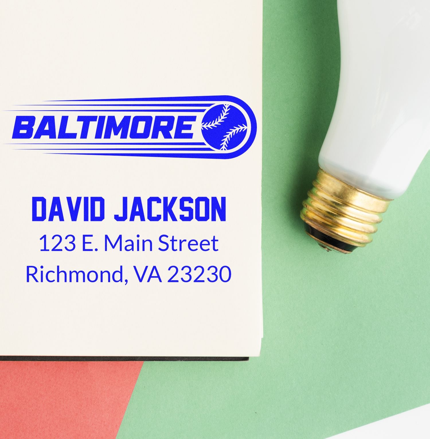 Custom Baltimore baseball address rubber stamp for David Jackson, 123 E. Main Street, Richmond, VA 23230.