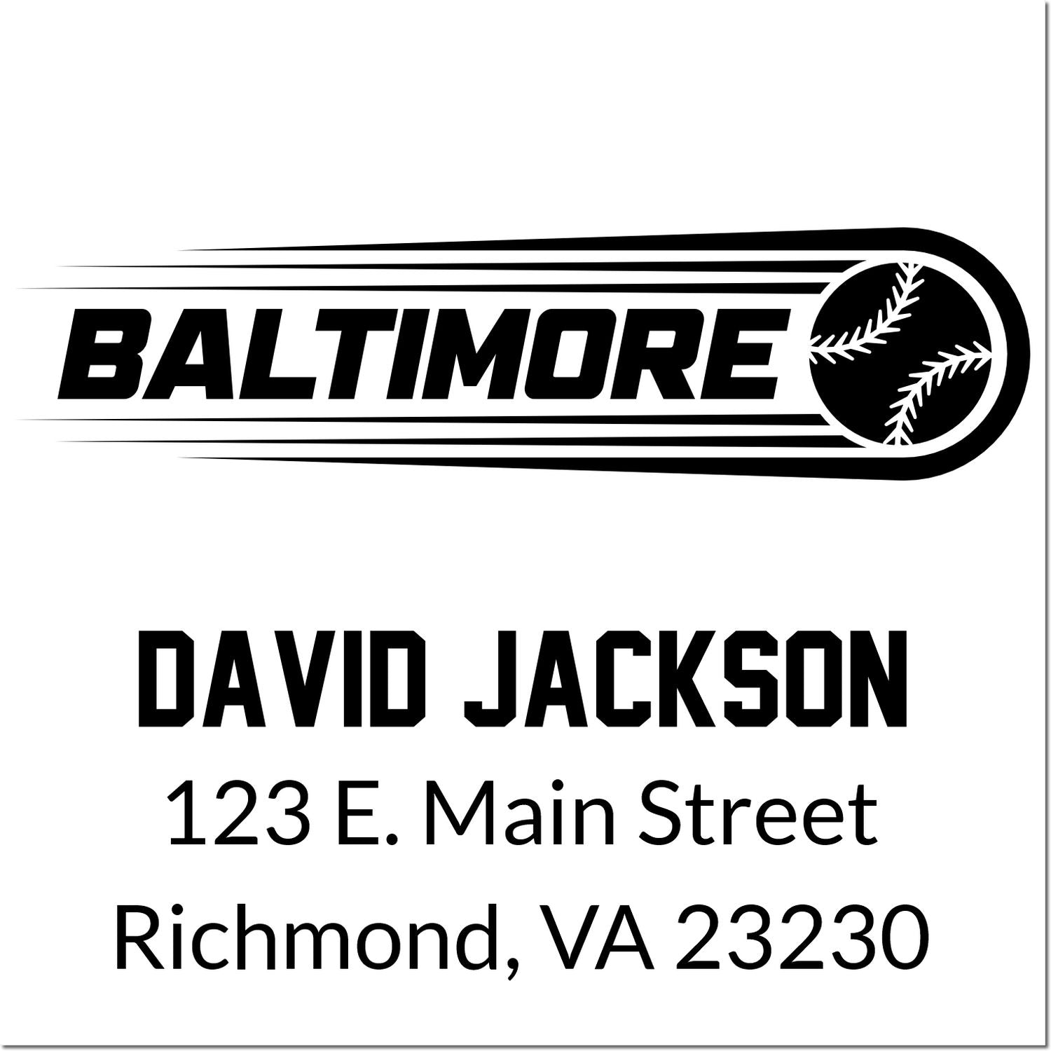 Personalized Baltimore baseball rubber stamp with name and return address for David Jackson, Richmond, VA 23230.