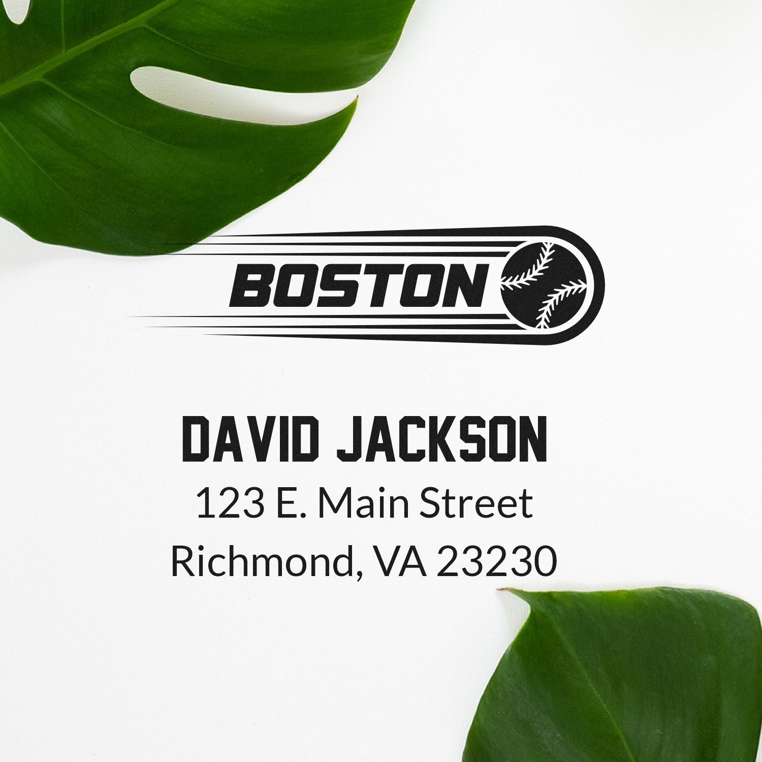 Custom Boston baseball address stamp for David Jackson, Richmond, VA 23230 return address.