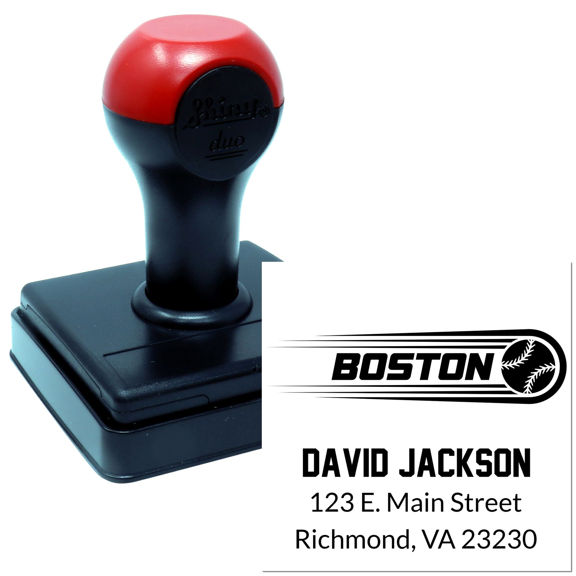 Custom self-inking rubber stamp with Boston baseball logo, David Jackson, and Richmond, VA address.