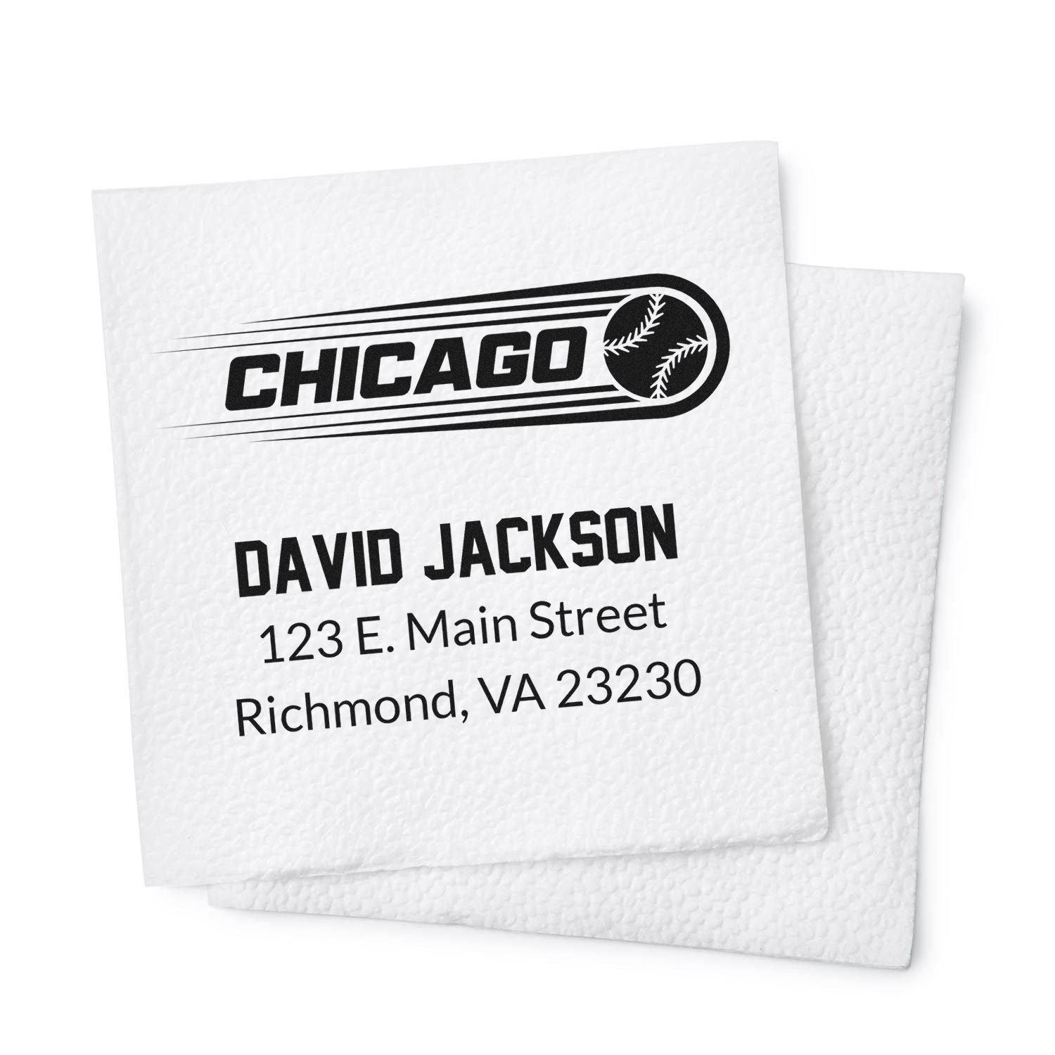 Custom baseball-themed rubber stamp with Chicago logo and personalized return address for David Jackson, Richmond, VA.