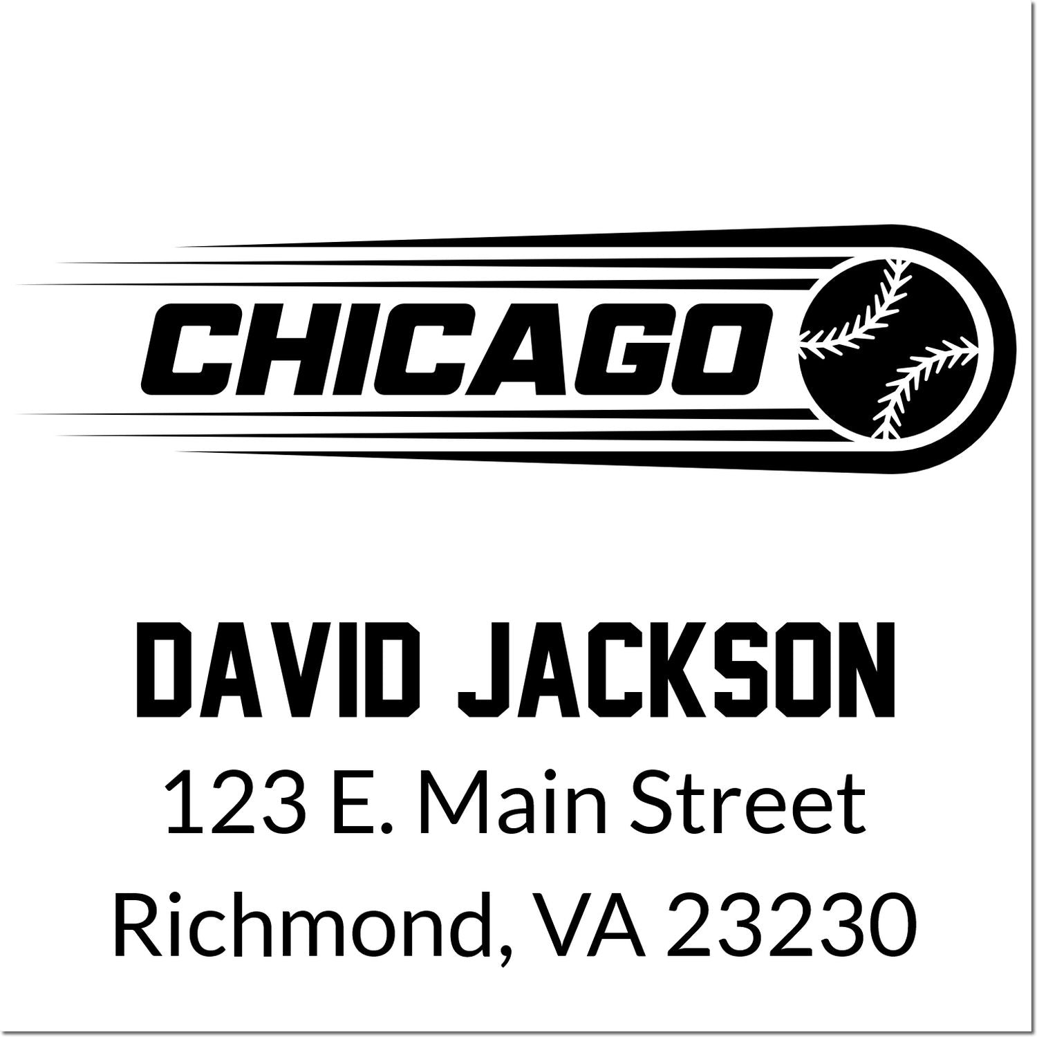 Chicago baseball logo custom return address rubber stamp for David Jackson, 123 E. Main Street, Richmond, VA 23230.