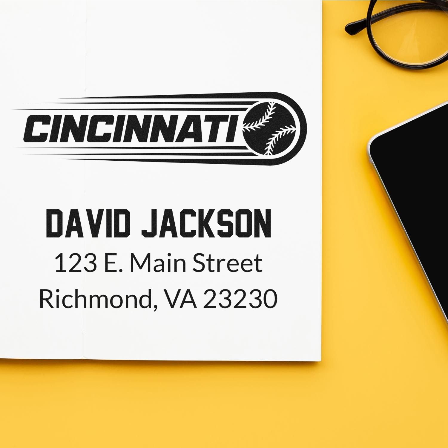 Custom rubber stamp for Cincinnati baseball fans featuring David Jackson name and Richmond, VA address.
