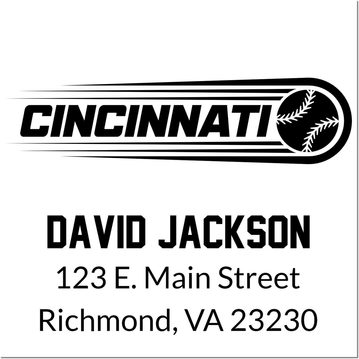 Custom Cincinnati baseball return address rubber stamp for David Jackson, 123 E. Main Street, Richmond, VA 23230