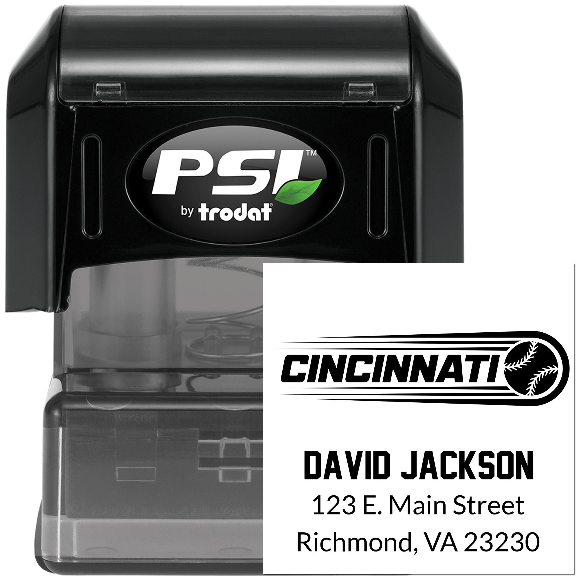 Custom self-inking rubber stamp with Cincinnati baseball logo, David Jackson name, and Richmond, VA address.