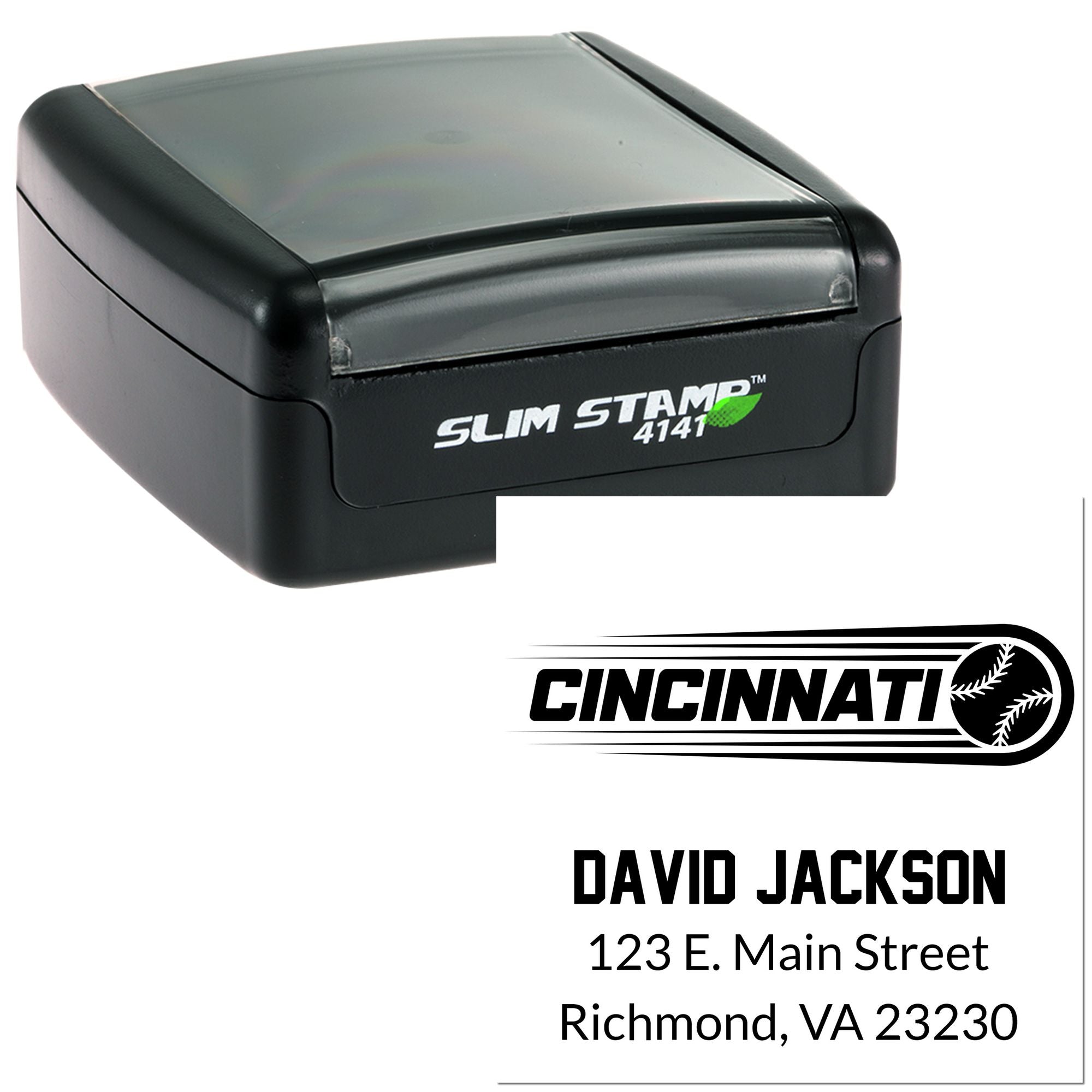 Custom self-inking rubber stamp with Cincinnati logo, David Jackson name, and address for mailing and branding.
