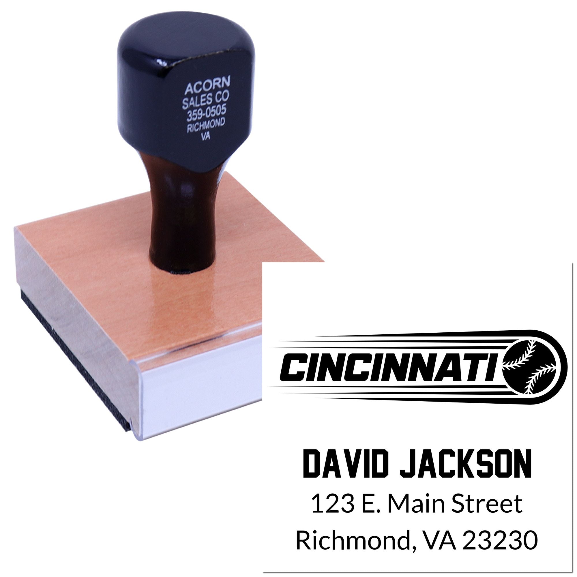 Custom rubber stamp with Cincinnati baseball logo, David Jackson name, and Richmond, VA 23230 address for business use.
