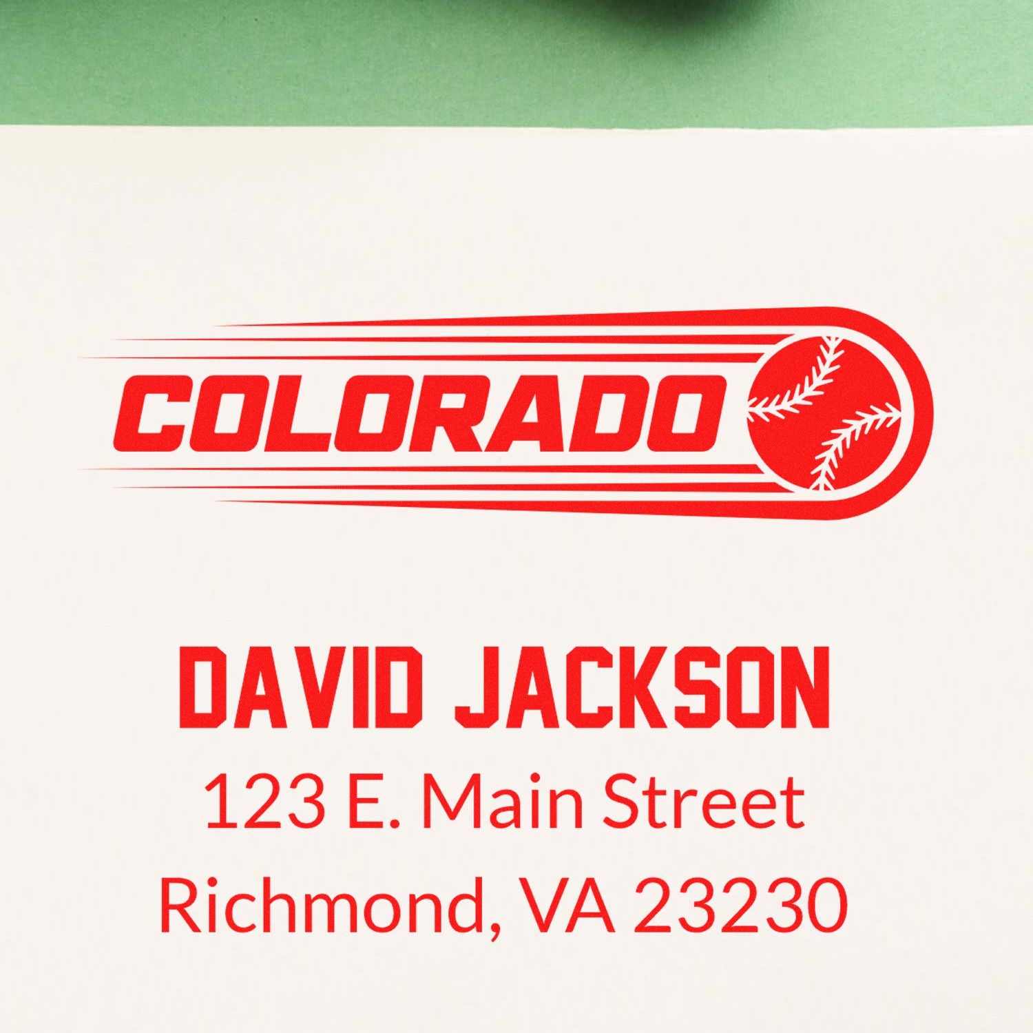 Custom Colorado baseball return address rubber stamp for David Jackson, 123 E. Main Street, Richmond, VA 23230