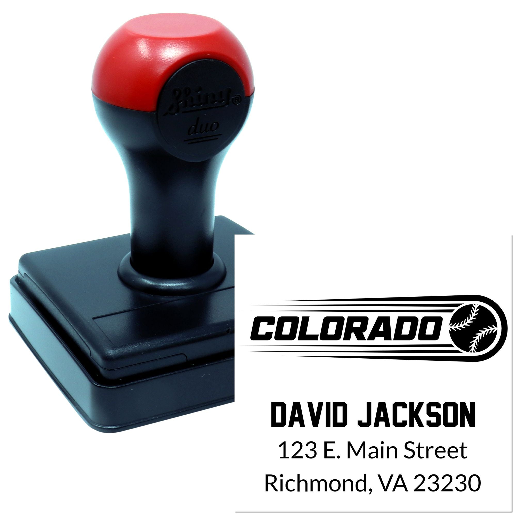 Custom self-inking rubber stamp with Colorado baseball logo, David Jackson name, and Richmond, VA address imprint design.