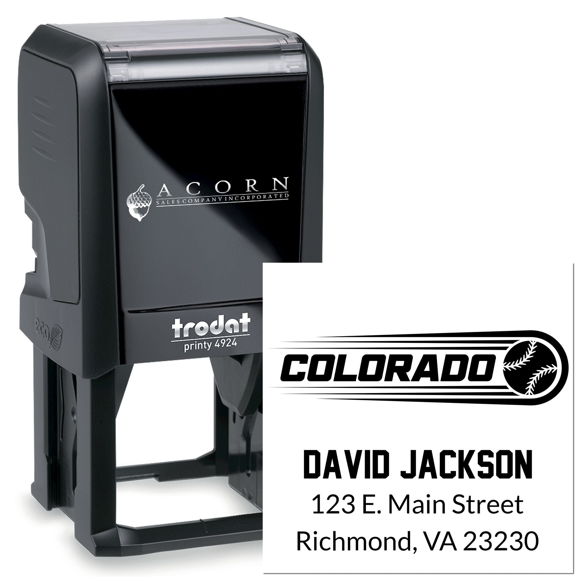 Custom self-inking rubber stamp with Colorado baseball logo, David Jackson name, and return address for mailing.