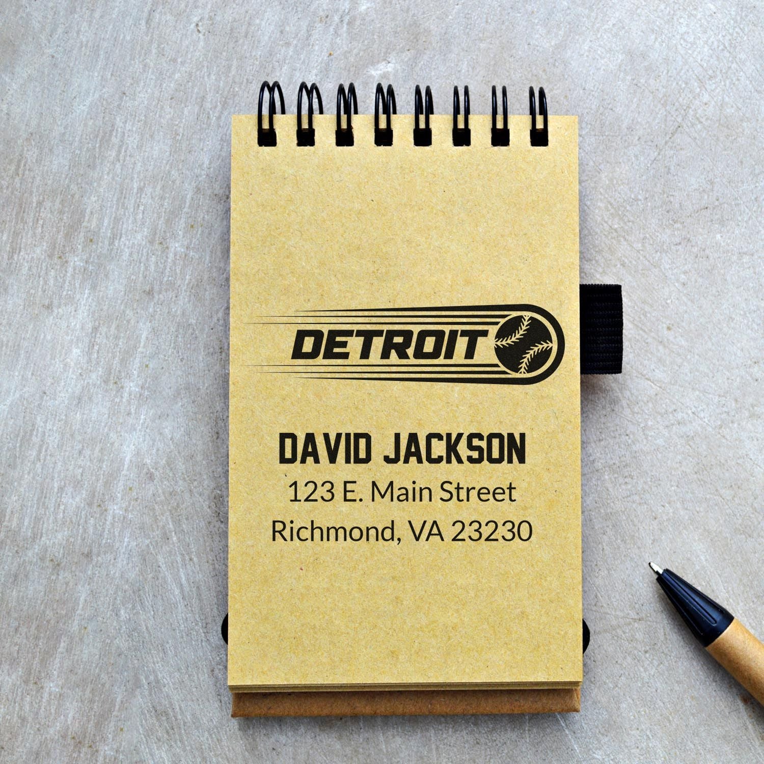 Personalized Detroit baseball rubber stamp with name and address for custom business or return mailing labels.
