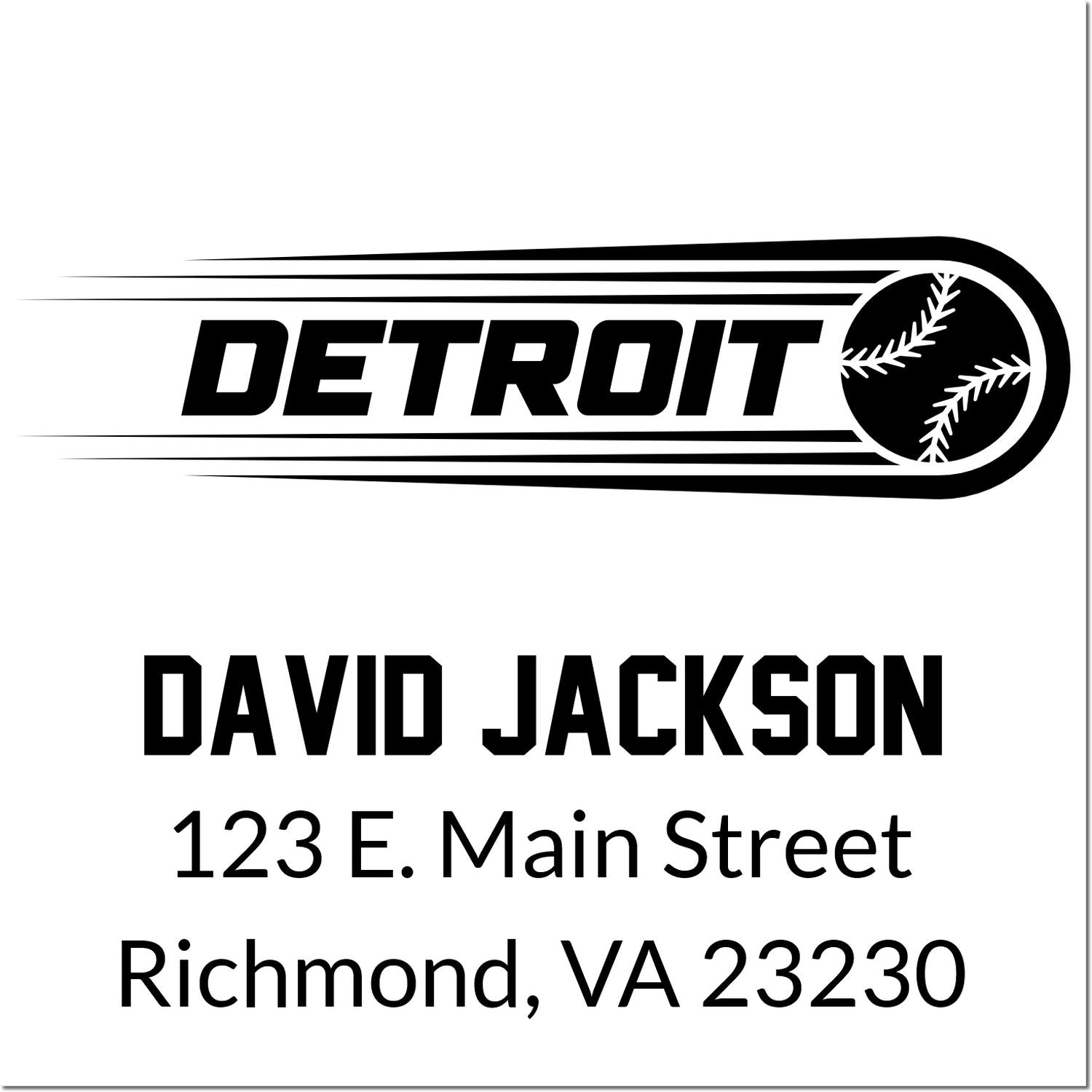 Custom Detroit baseball rubber stamp for David Jackson, 123 E. Main Street, Richmond, VA 23230.