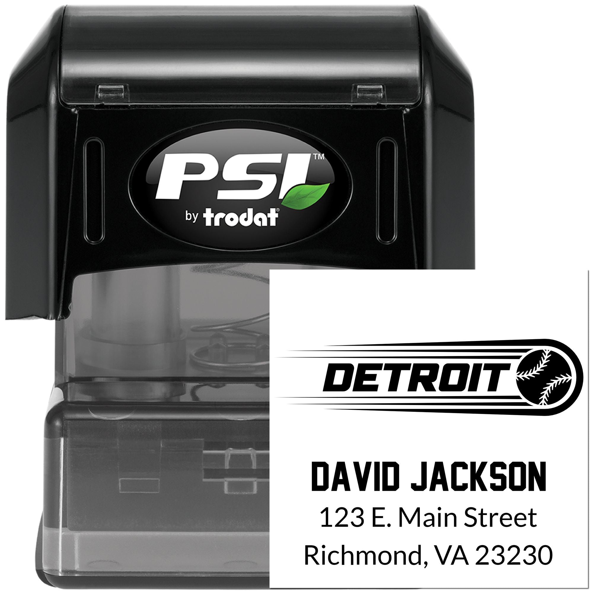 Personalized self-inking rubber stamp with Detroit baseball logo, David Jackson name, and return address.