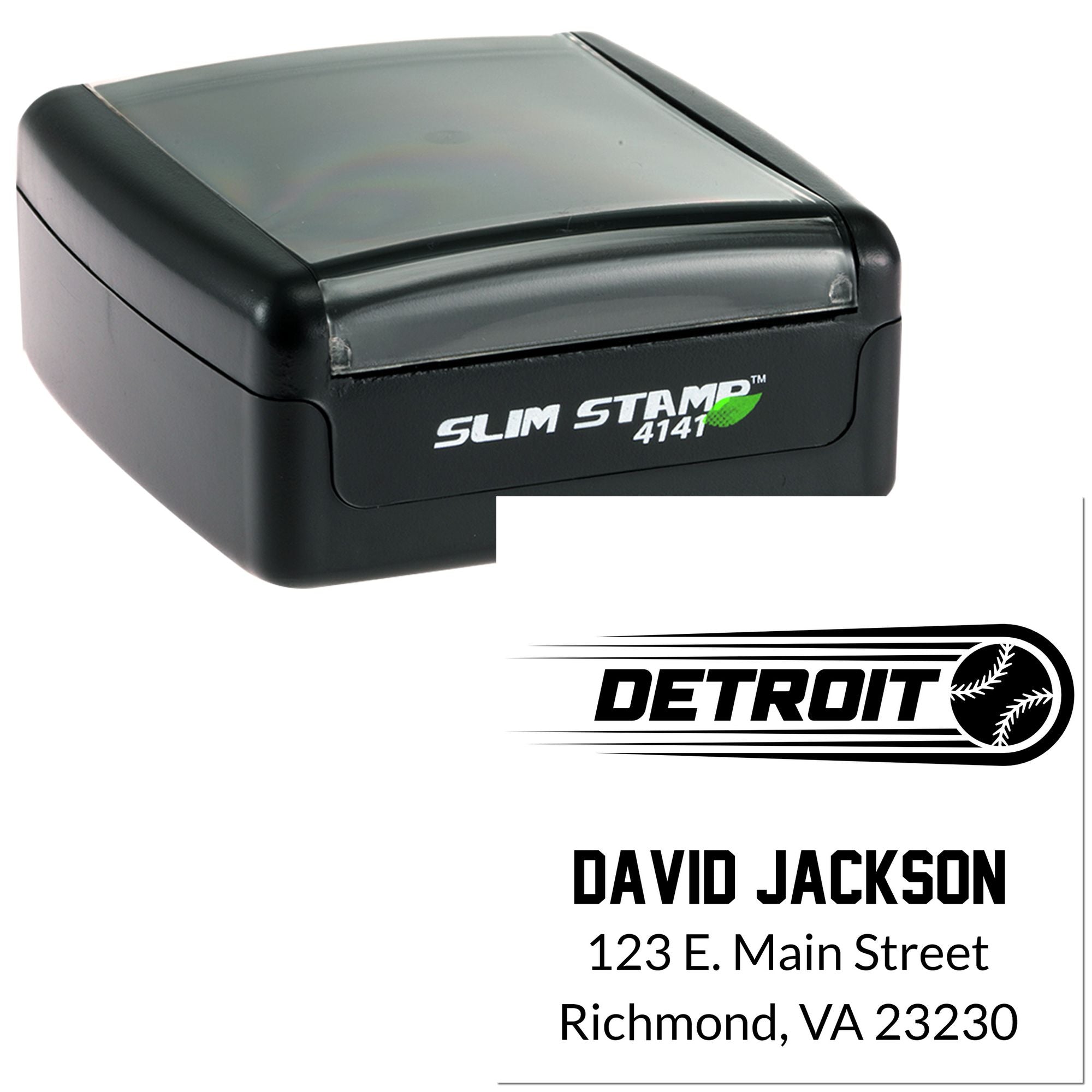 Custom Detroit baseball self-inking rubber stamp for David Jackson, 123 E. Main Street, Richmond, VA 23230