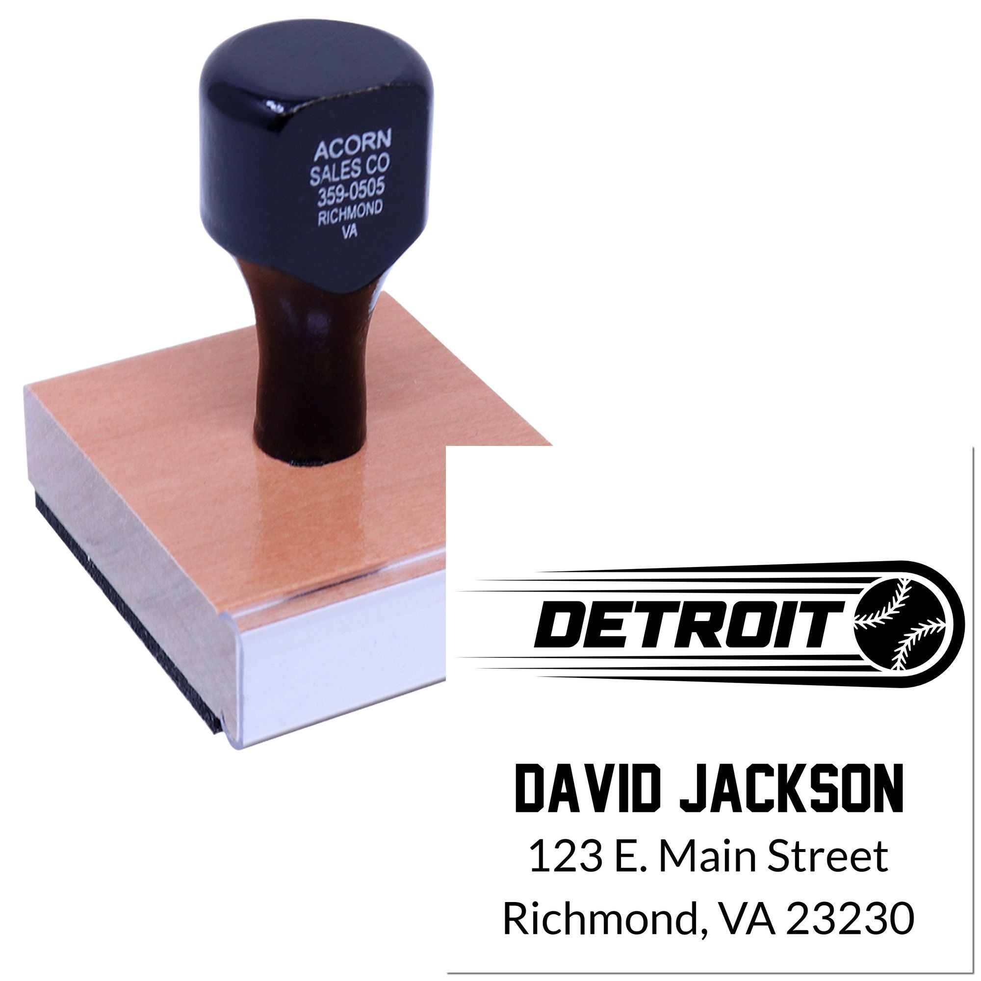Custom rubber stamp with Detroit baseball logo and David Jackson return address, Richmond, VA 23230.