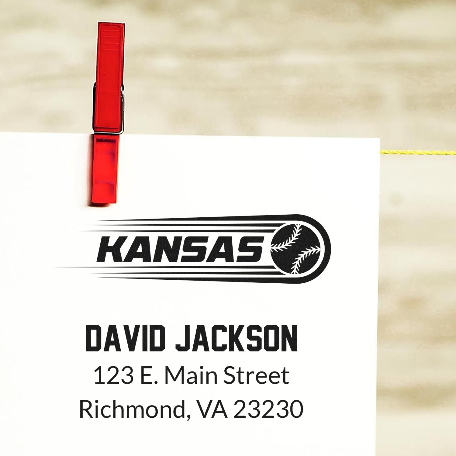 Custom baseball rubber stamp with Kansas logo, David Jackson address, Richmond, VA return address stamp