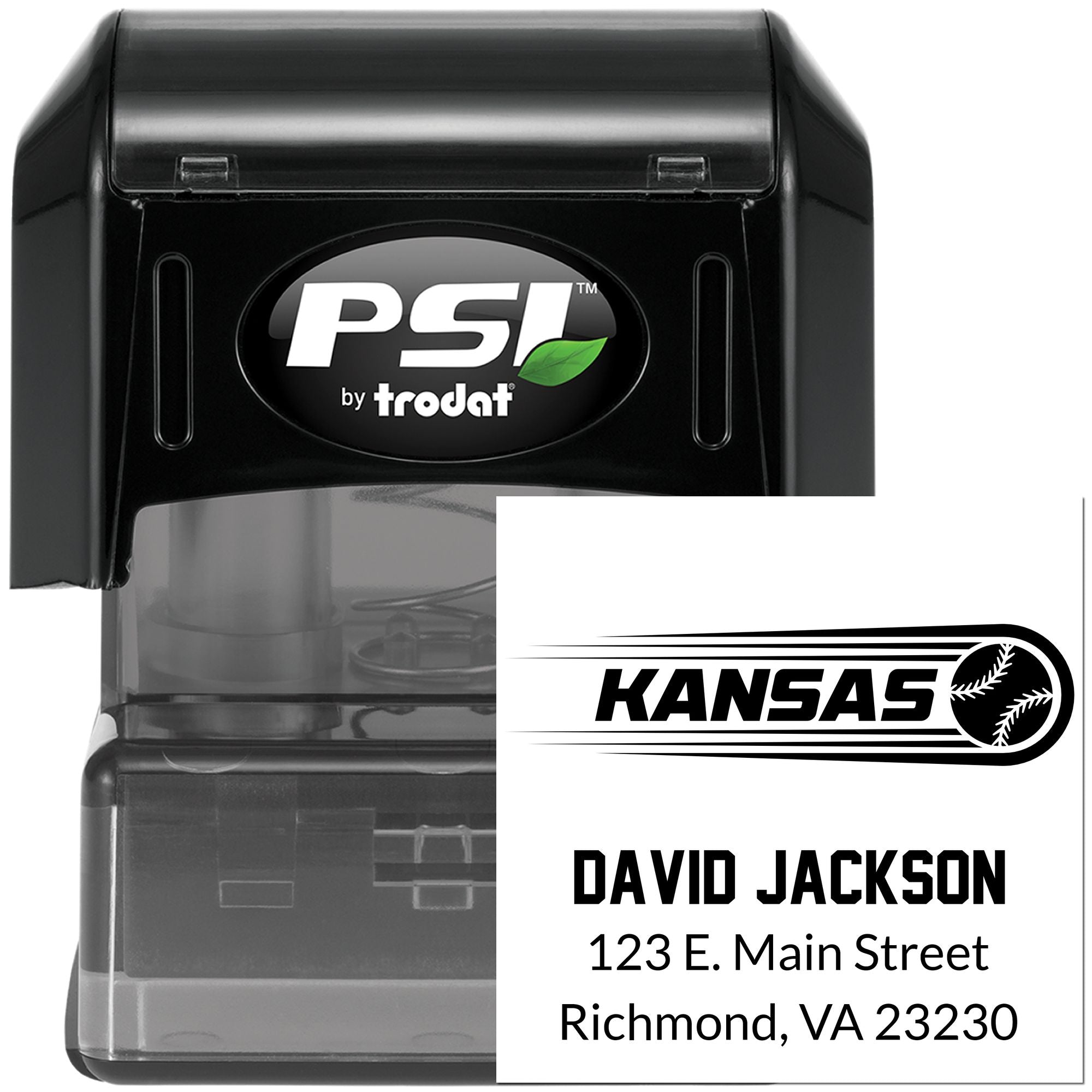 Custom self-inking rubber stamp with Kansas baseball logo, David Jackson name, and return address for personalized mailing.