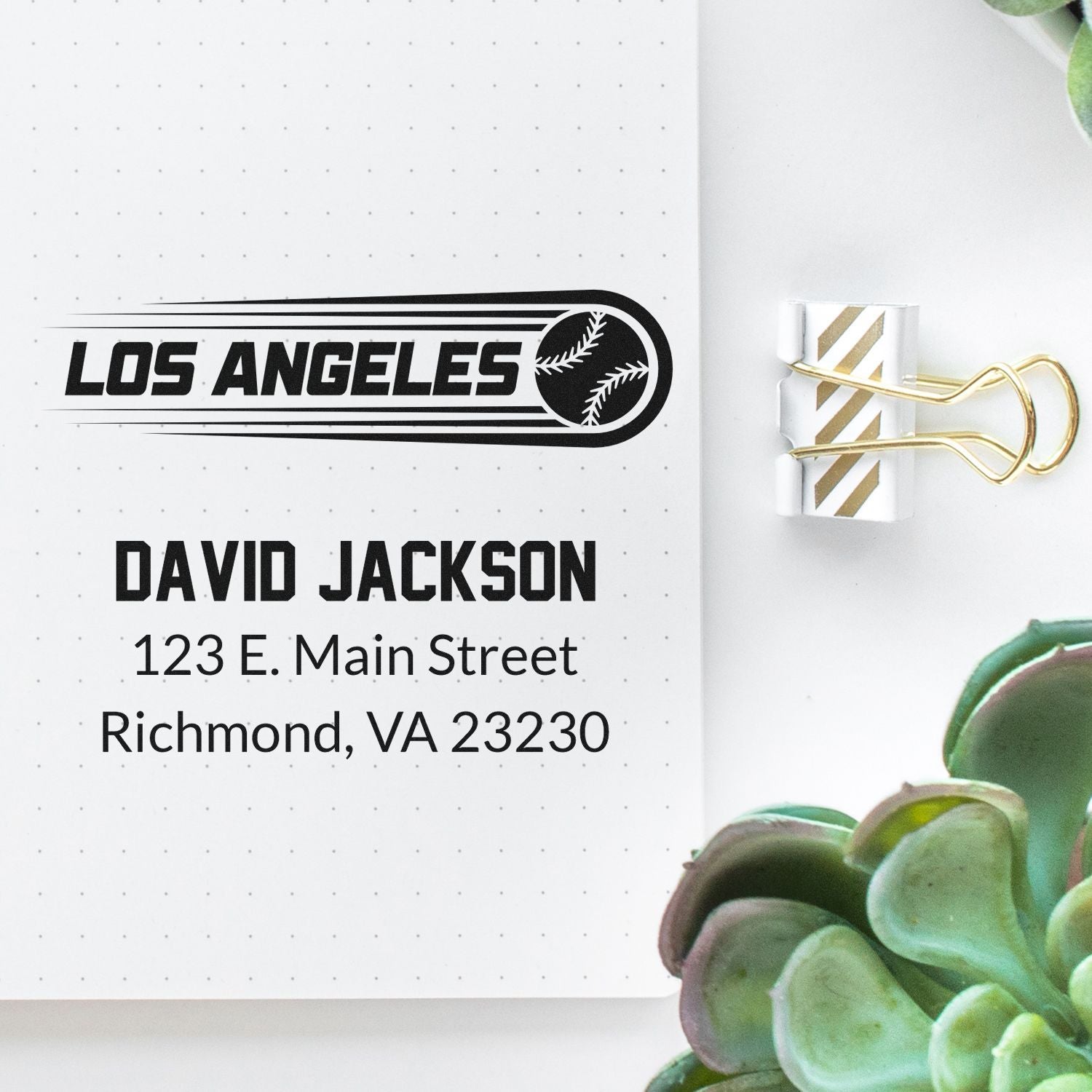 Personalized baseball return address rubber stamp with Los Angeles logo, name, and address on notebook paper