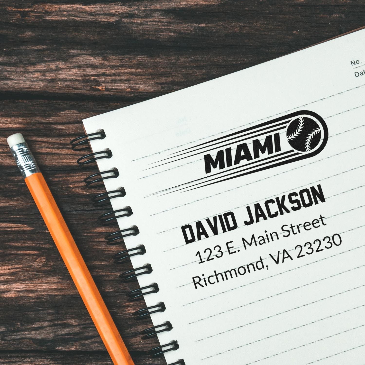 Custom Miami address rubber stamp with baseball logo and David Jackson mailing details