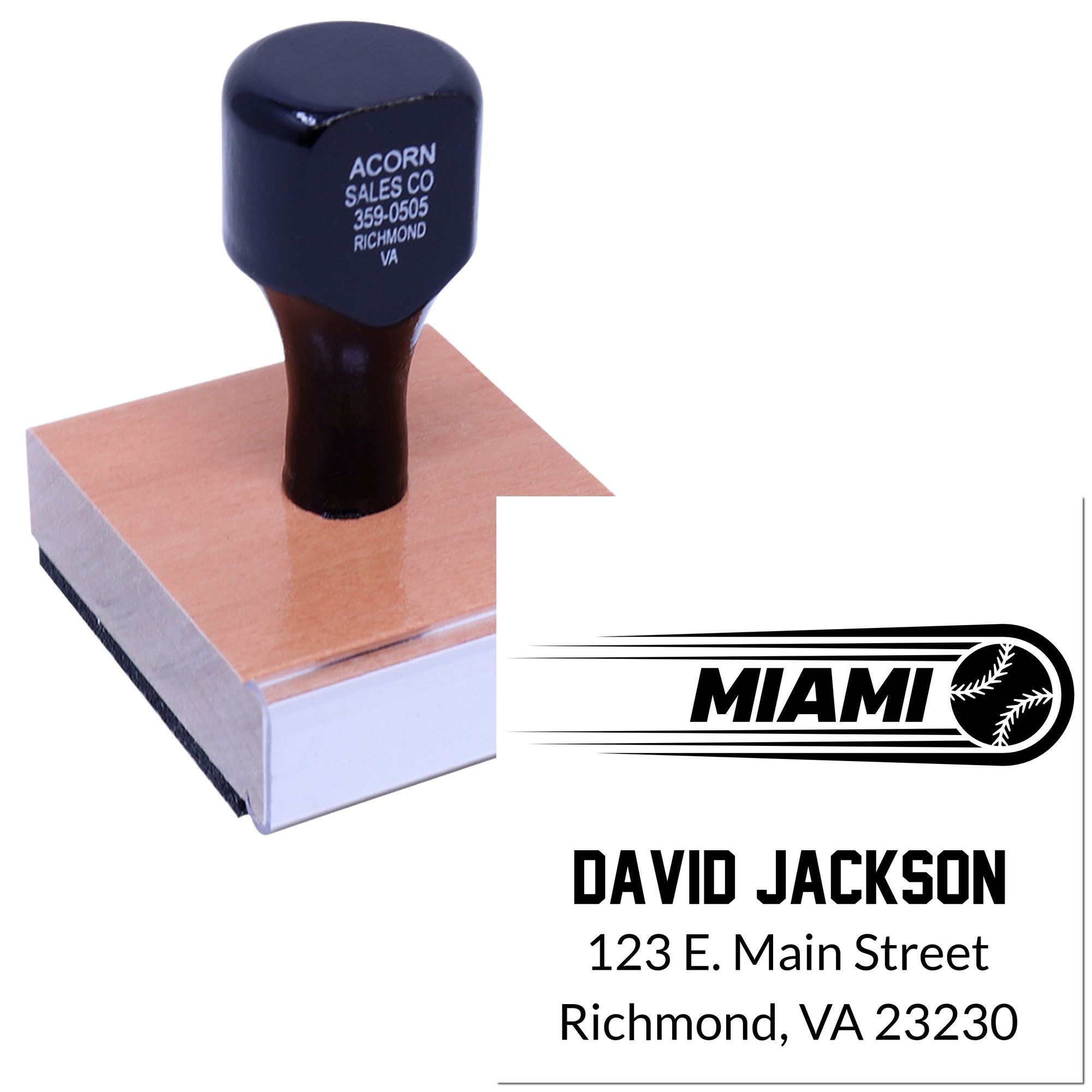 Custom baseball return address rubber stamp with Miami logo, David Jackson name, and Richmond VA address.