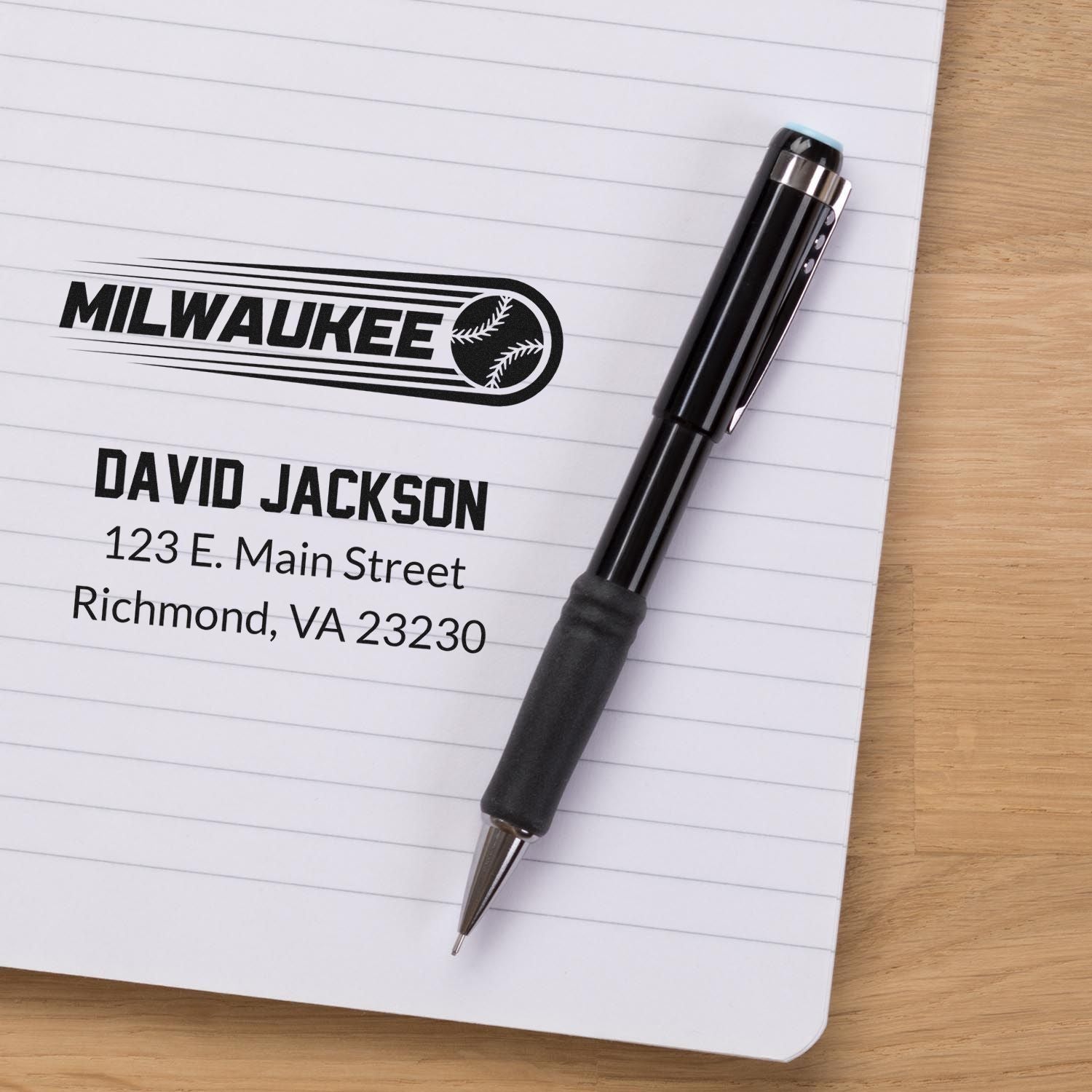 Personalized Milwaukee baseball rubber stamp with name, street address, and logo for custom return addresses.