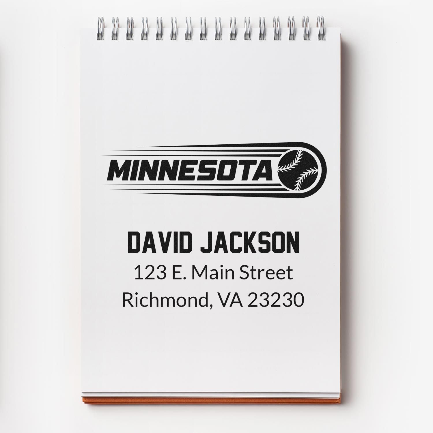 Custom Minnesota baseball return address rubber stamp for David Jackson, Richmond, VA 23230