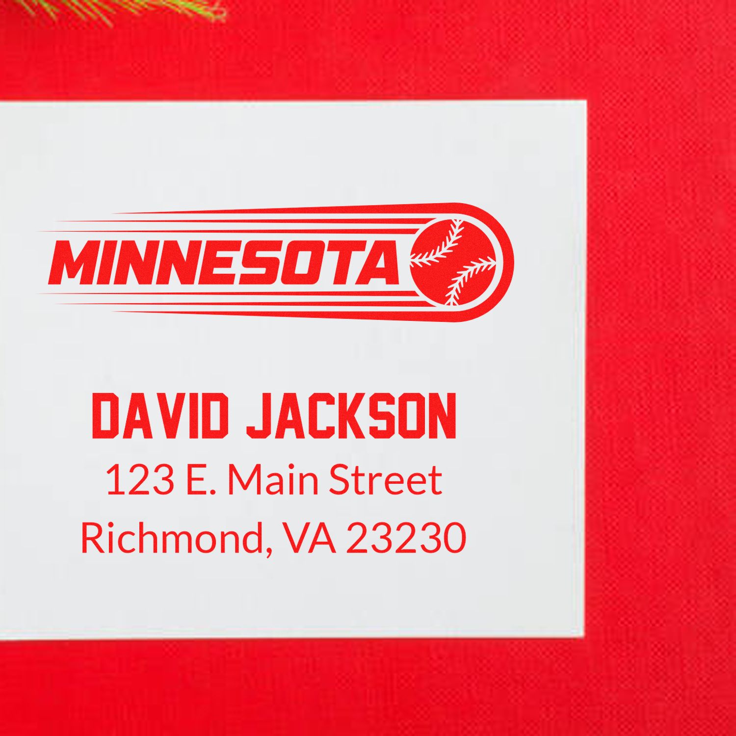 Custom Minnesota baseball rubber stamp with David Jackson name and Richmond, VA 23230 address.