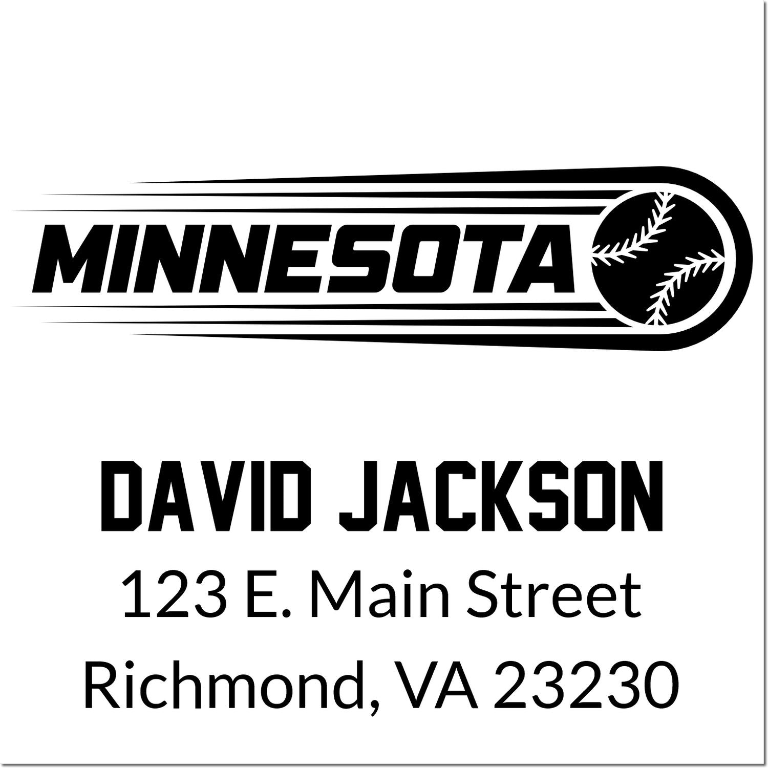 Personalized Minnesota baseball address stamp for David Jackson, 123 E. Main Street, Richmond, VA 23230.