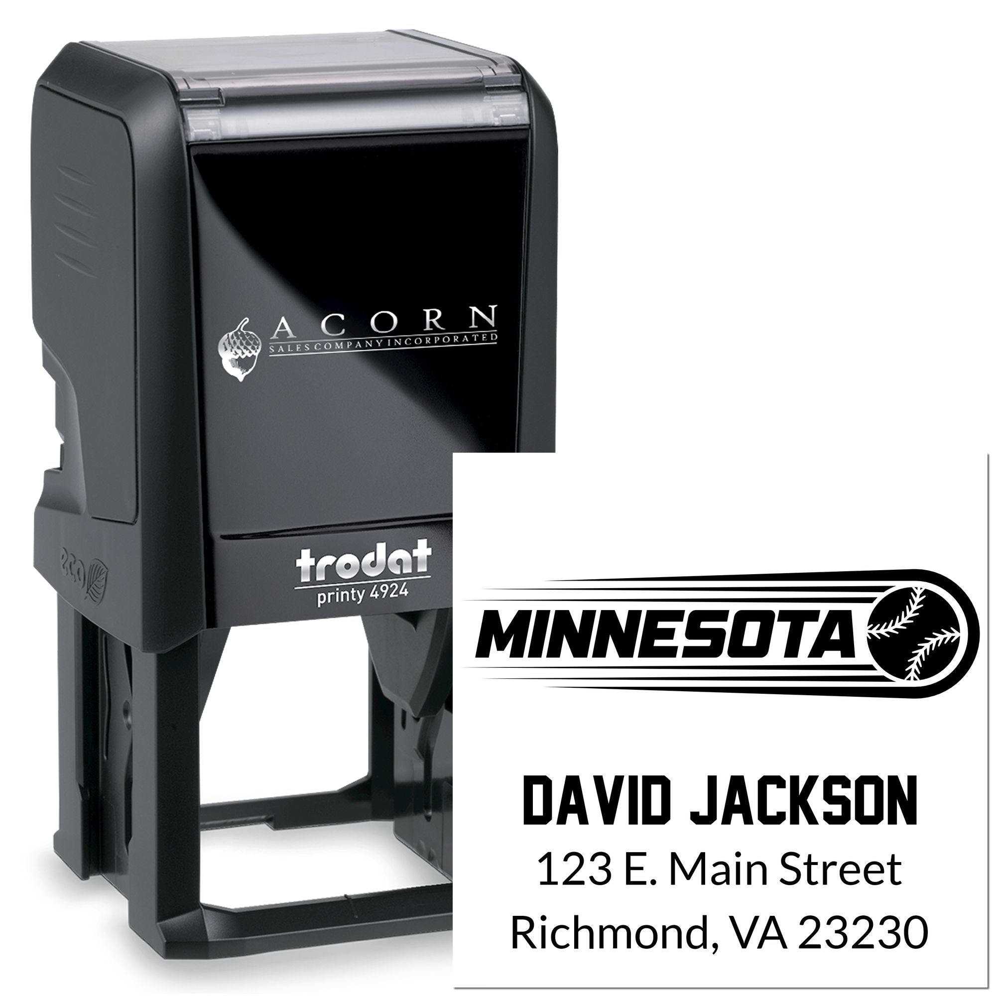 Custom self-inking rubber stamp with Minnesota logo, David Jackson name, and address for business mailing and branding.