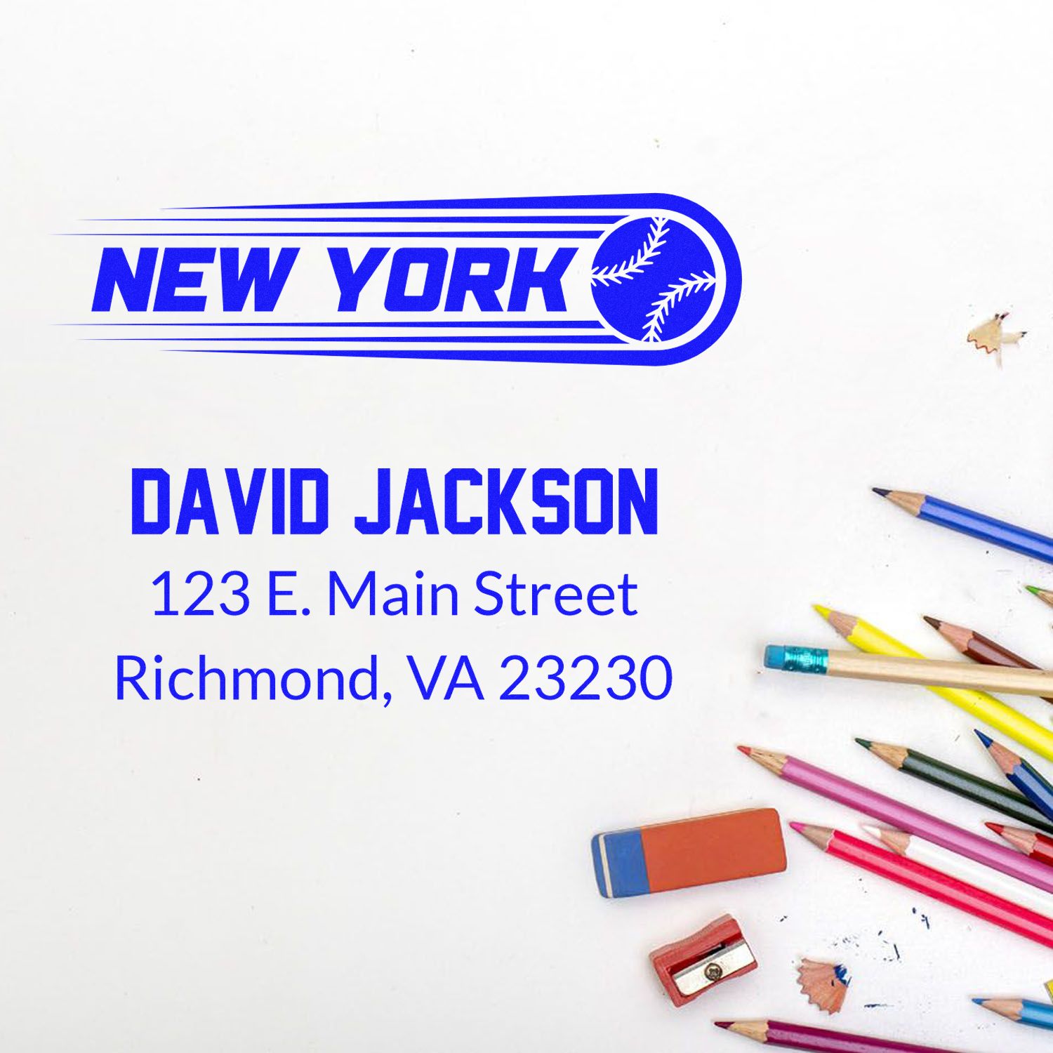 Custom New York baseball rubber stamp with name and address for personalized mailing and stationery.