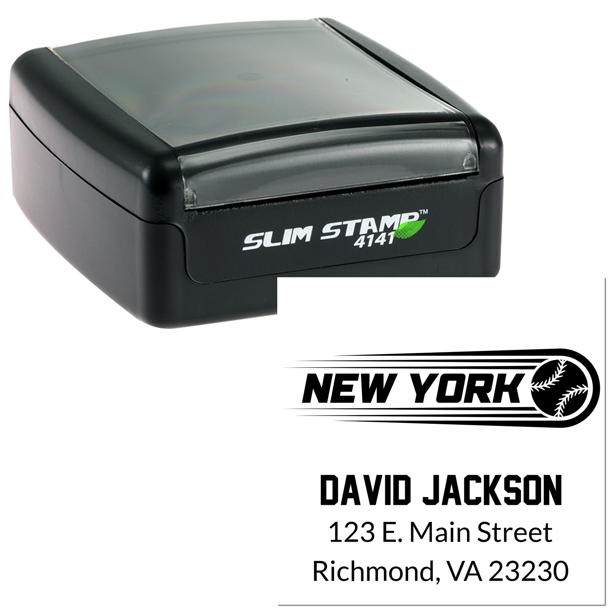 Custom self-inking Slim Stamp 4141 address rubber stamp with New York baseball design and Richmond, VA address