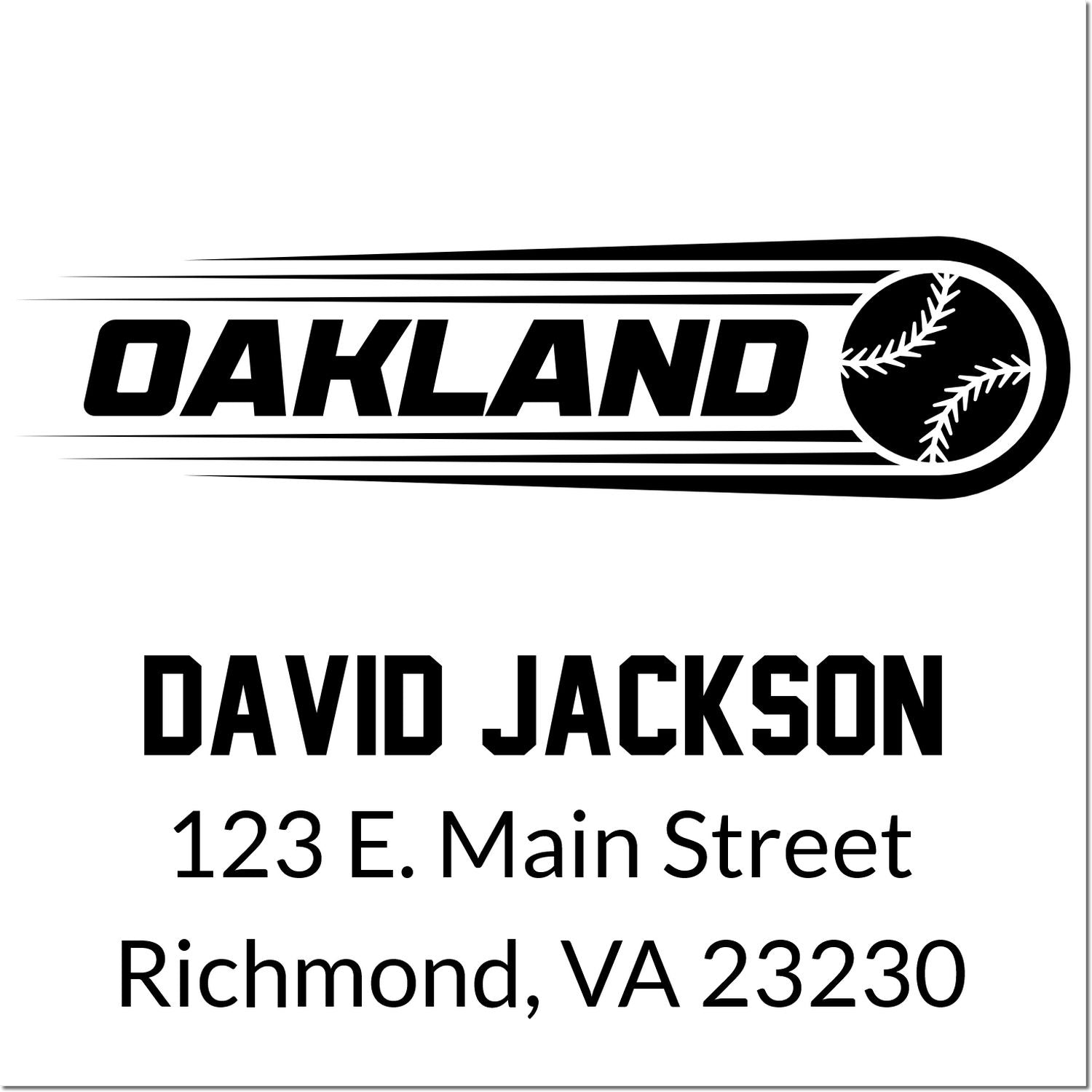 Oakland baseball logo custom address rubber stamp for David Jackson, 123 E. Main Street, Richmond, VA 23230.