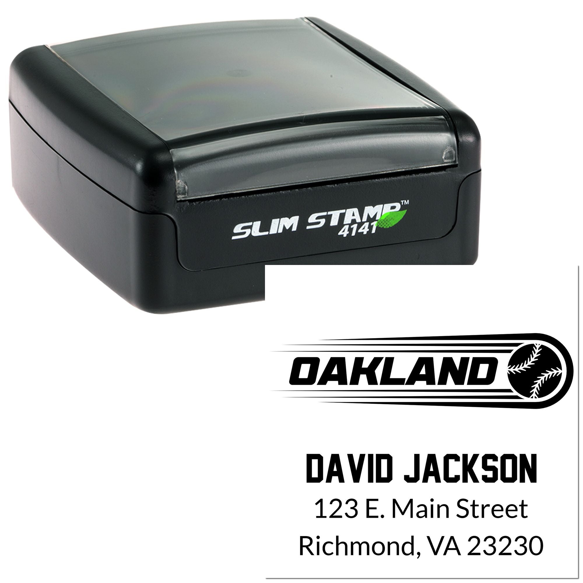 Self-inking custom rubber address stamp featuring Oakland logo, David Jackson name, and Richmond VA mailing address.