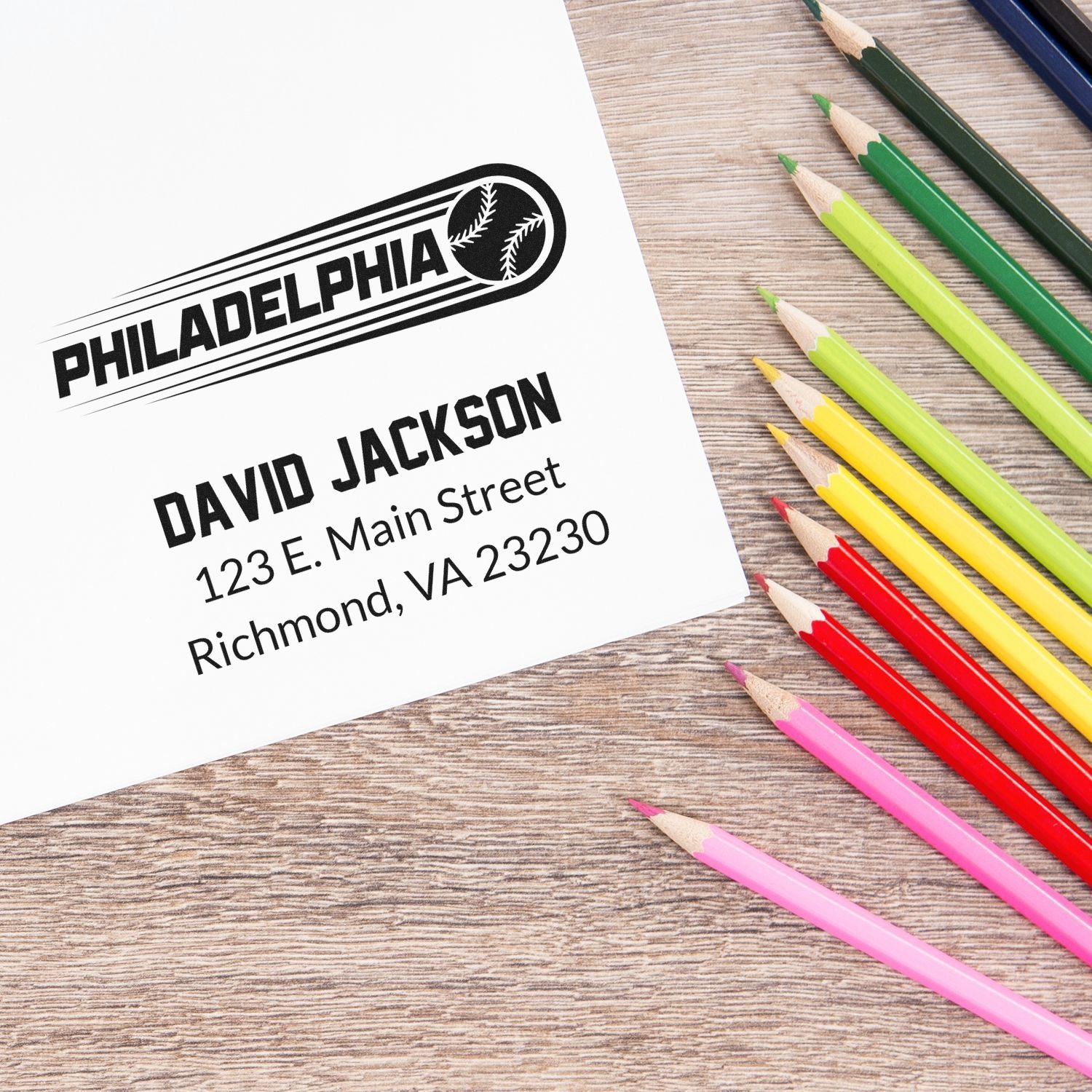 Custom baseball return address rubber stamp with Philadelphia design, David Jackson name, and Richmond, VA address.