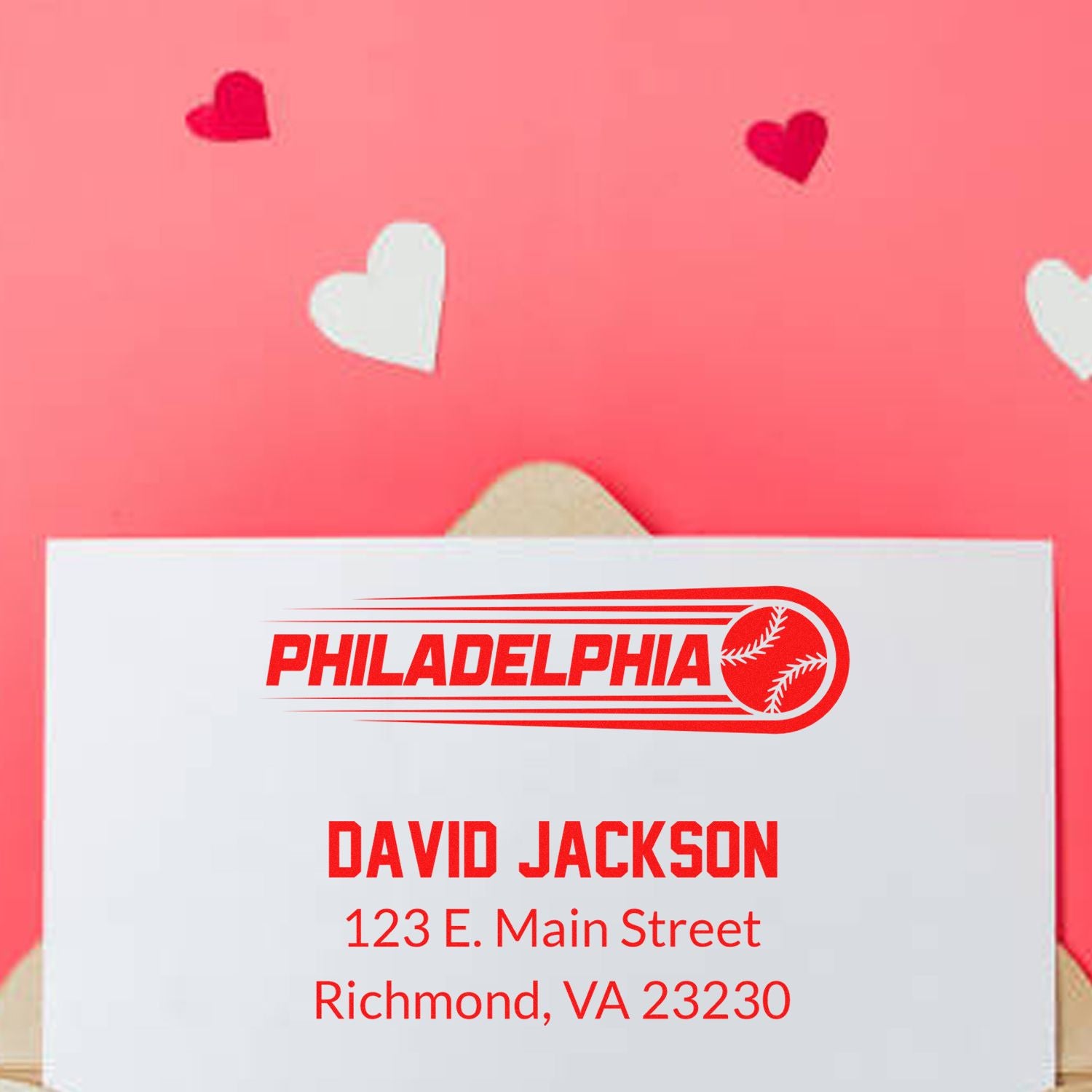 Custom Philadelphia baseball rubber stamp with David Jacksons name and Richmond, VA address for mailing envelopes.