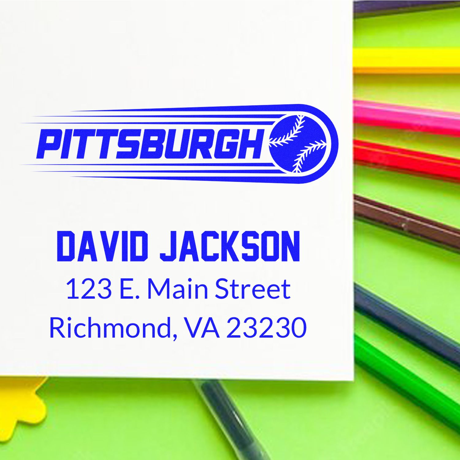 Custom Pittsburgh baseball return address rubber stamp for David Jackson, Richmond, VA 23230