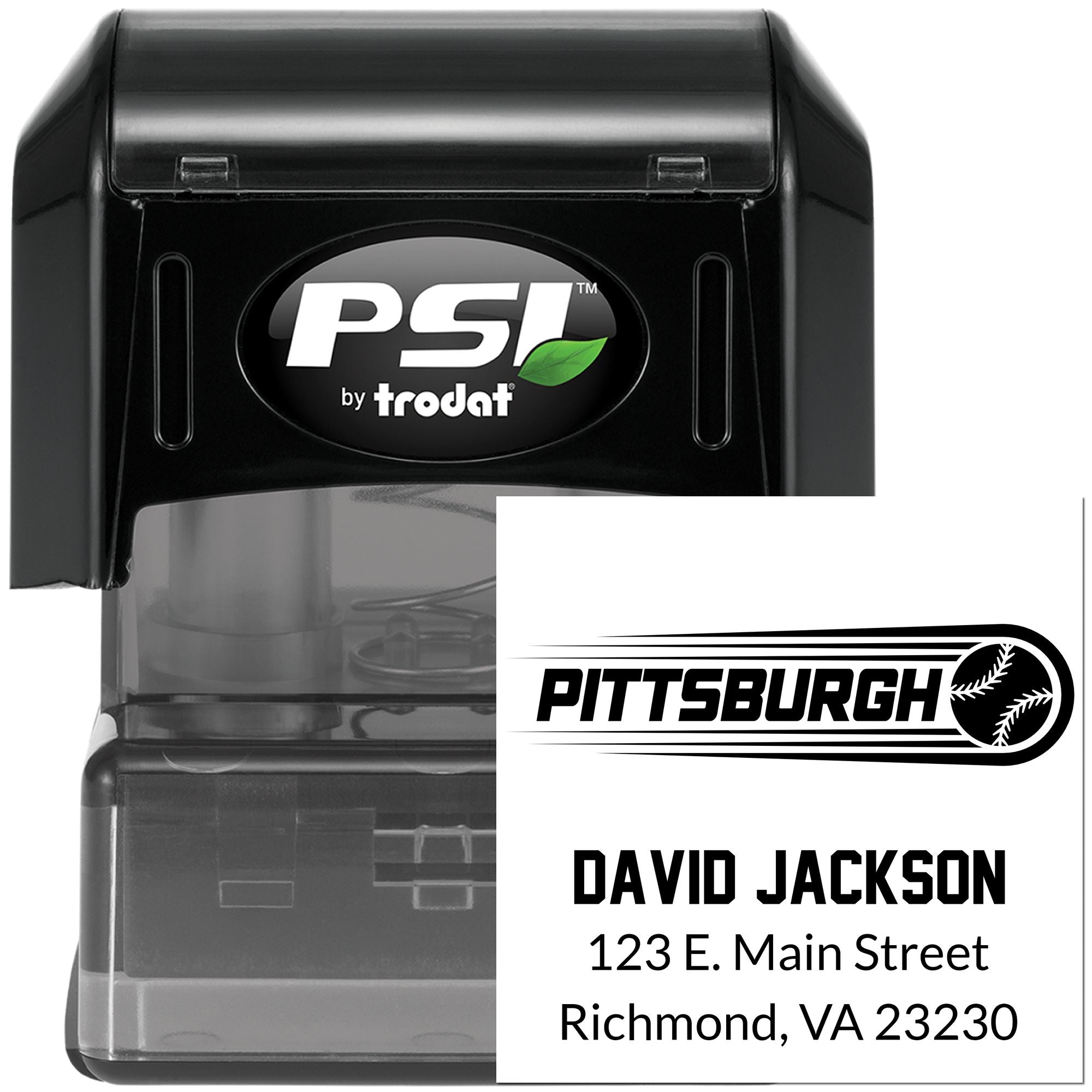 PSI by Trodat custom self-inking rubber stamp with Pittsburgh logo, David Jackson name, and address