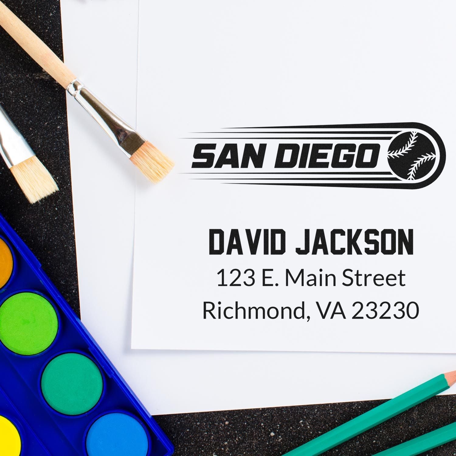 Custom baseball return address rubber stamp with San Diego logo, name, and mailing address.