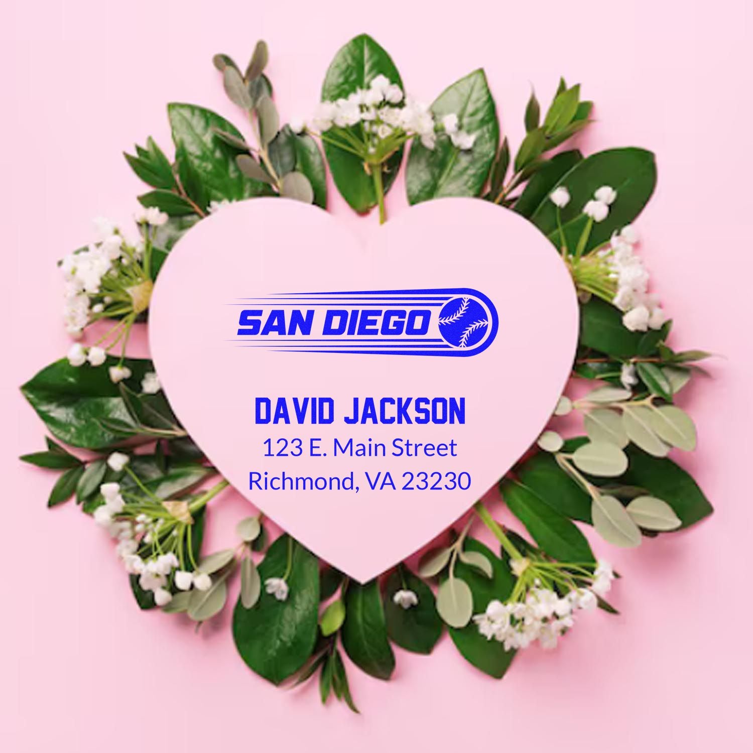 Personalized return address rubber stamp with San Diego baseball logo, David Jackson name, and Richmond, VA address.