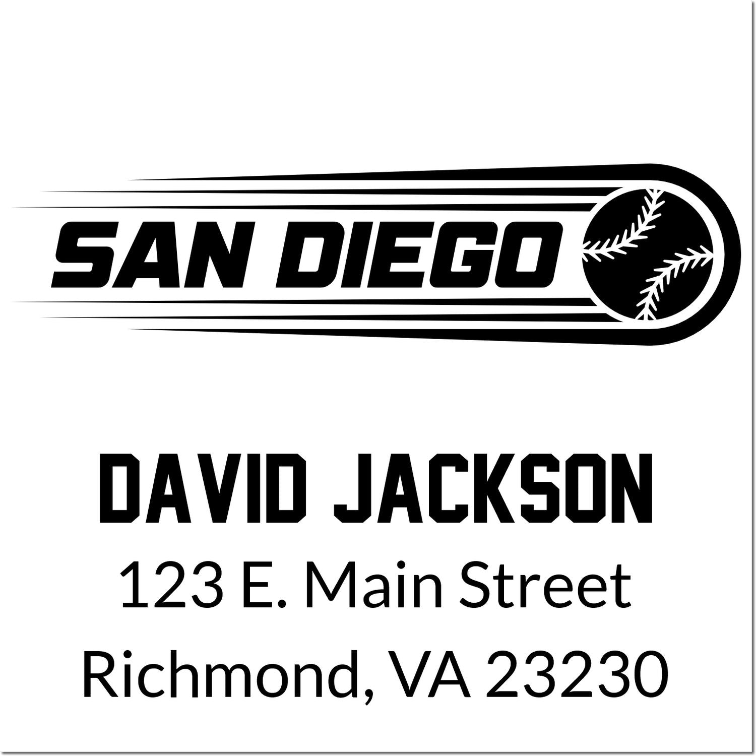 Custom San Diego baseball return address rubber stamp for David Jackson, 123 E. Main Street, Richmond, VA 23230.
