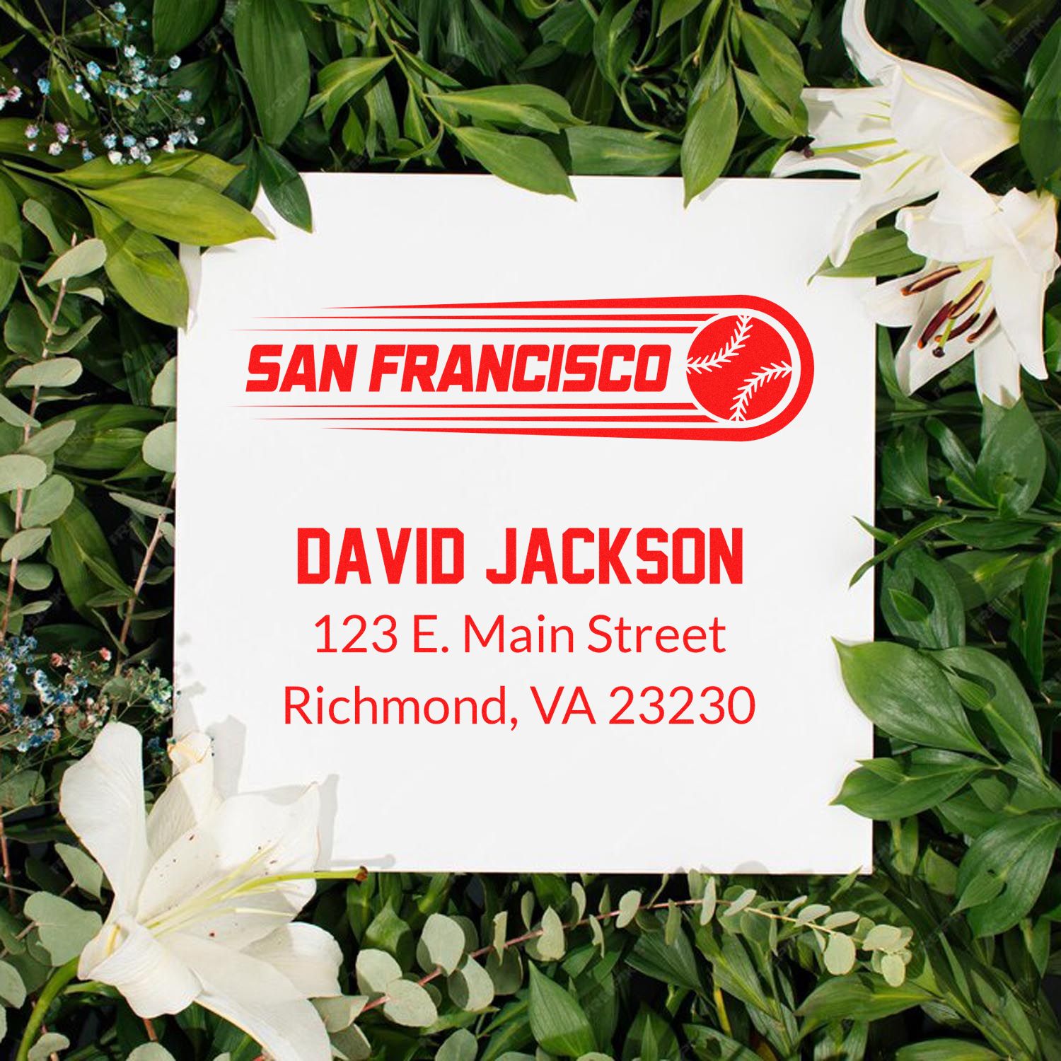 Custom baseball return address rubber stamp with San Francisco logo, David Jackson name, and Richmond, VA address.
