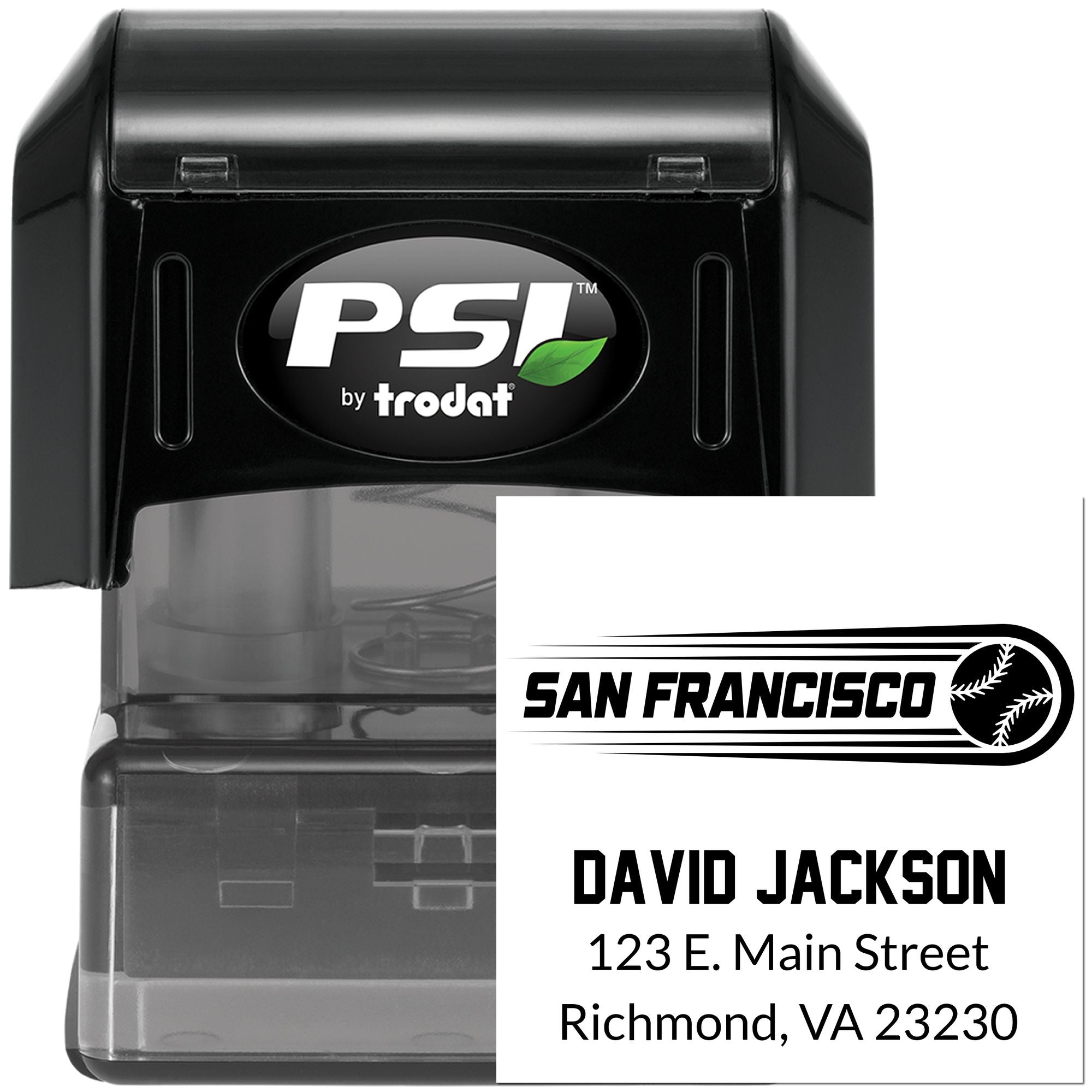 Custom PSI by Trodat self-inking address rubber stamp with San Francisco logo and David Jackson imprint.
